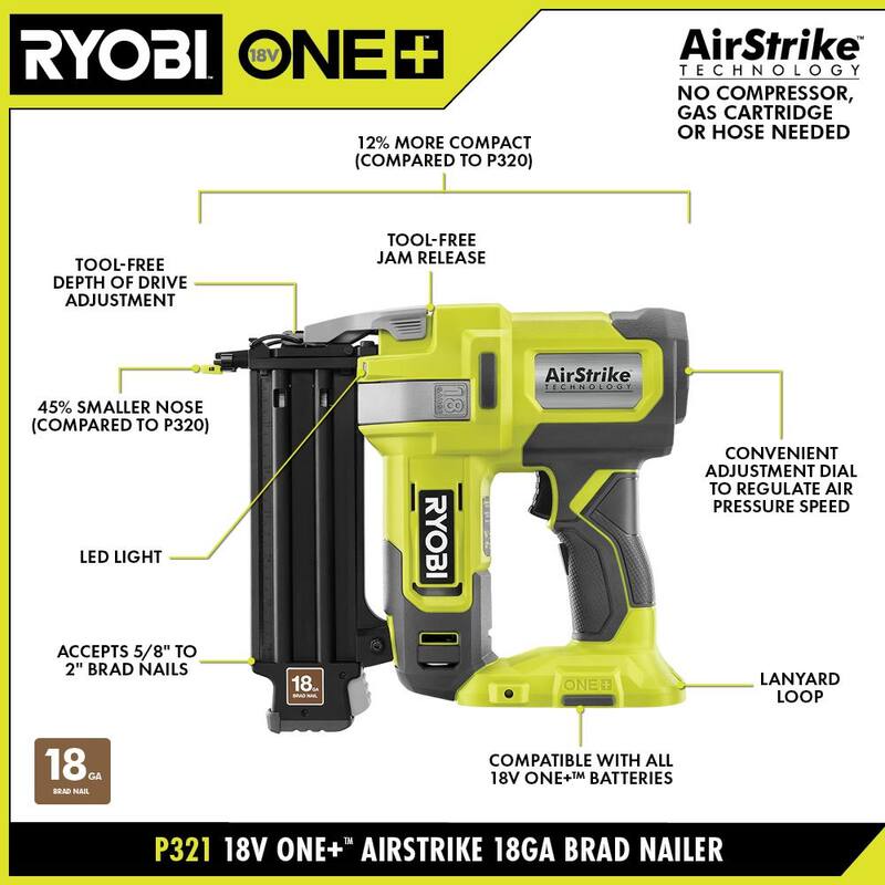 RYOBI ONE+ 18V 18-Gauge Clavadora Brad inalámbrica AirStrike con batería de 4.0 Ah y cargador - P321K1