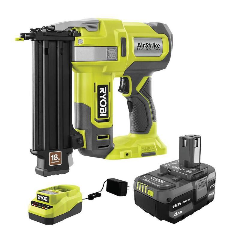 RYOBI ONE+ 18V 18-Gauge Clavadora Brad inalámbrica AirStrike con batería de 4.0 Ah y cargador - P321K1