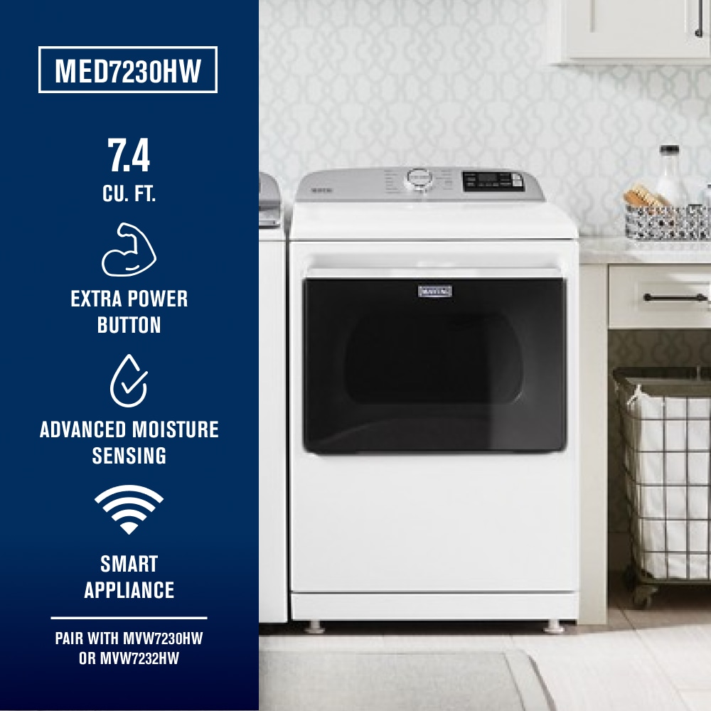 Secadora eléctrica de ciclo de vapor capacidad 7.4 pies cúbicos con tecnología inteligente (blanca) certificada Energy Star MED7230HW de Maytag