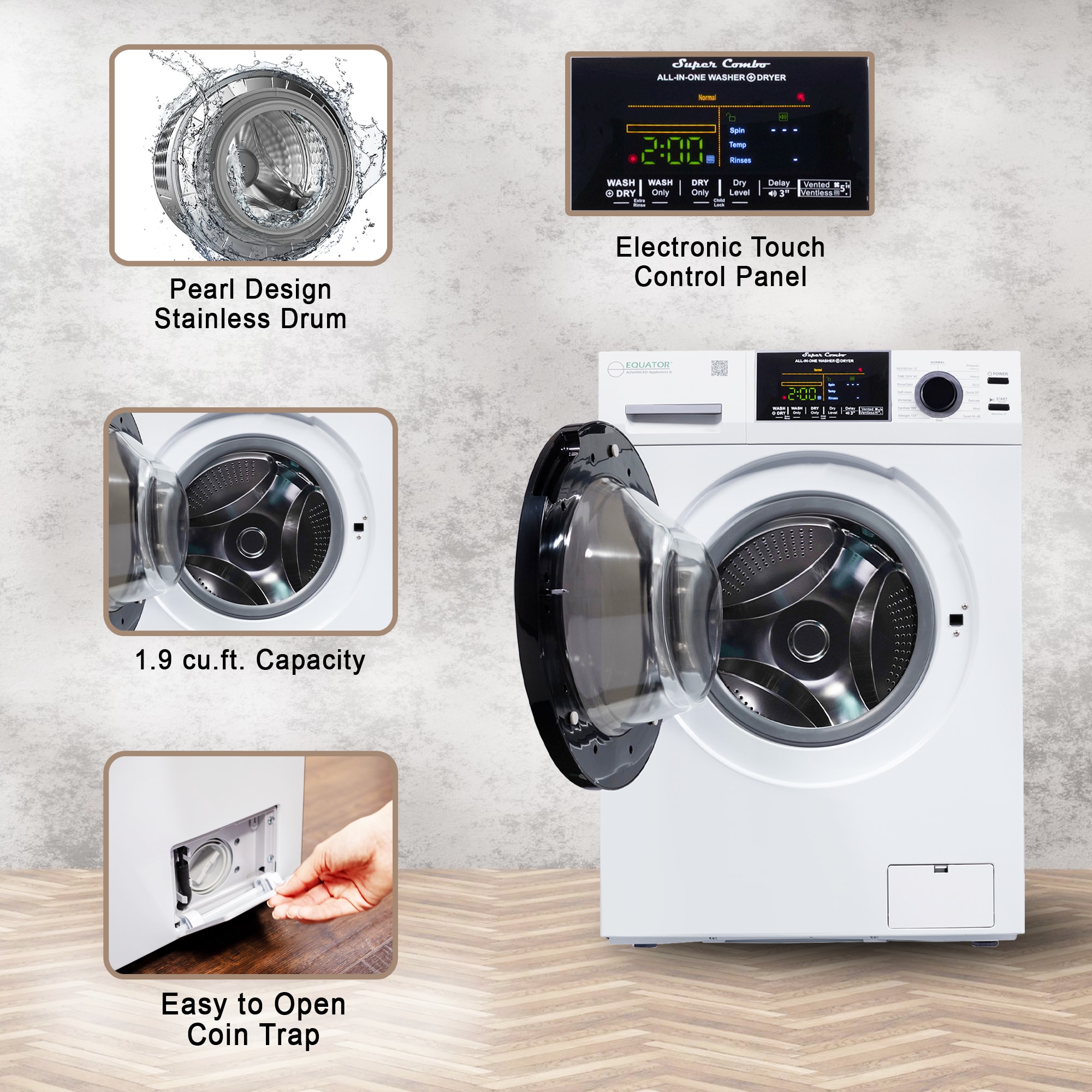 Combo Lavadora-Secadora todo en uno de capacidad compacta de 1.9 pies cúbicos en color blanco con ventilación y tecnología avanzada EZ 5500 CV WHITE de Equator Advanced Appliances.