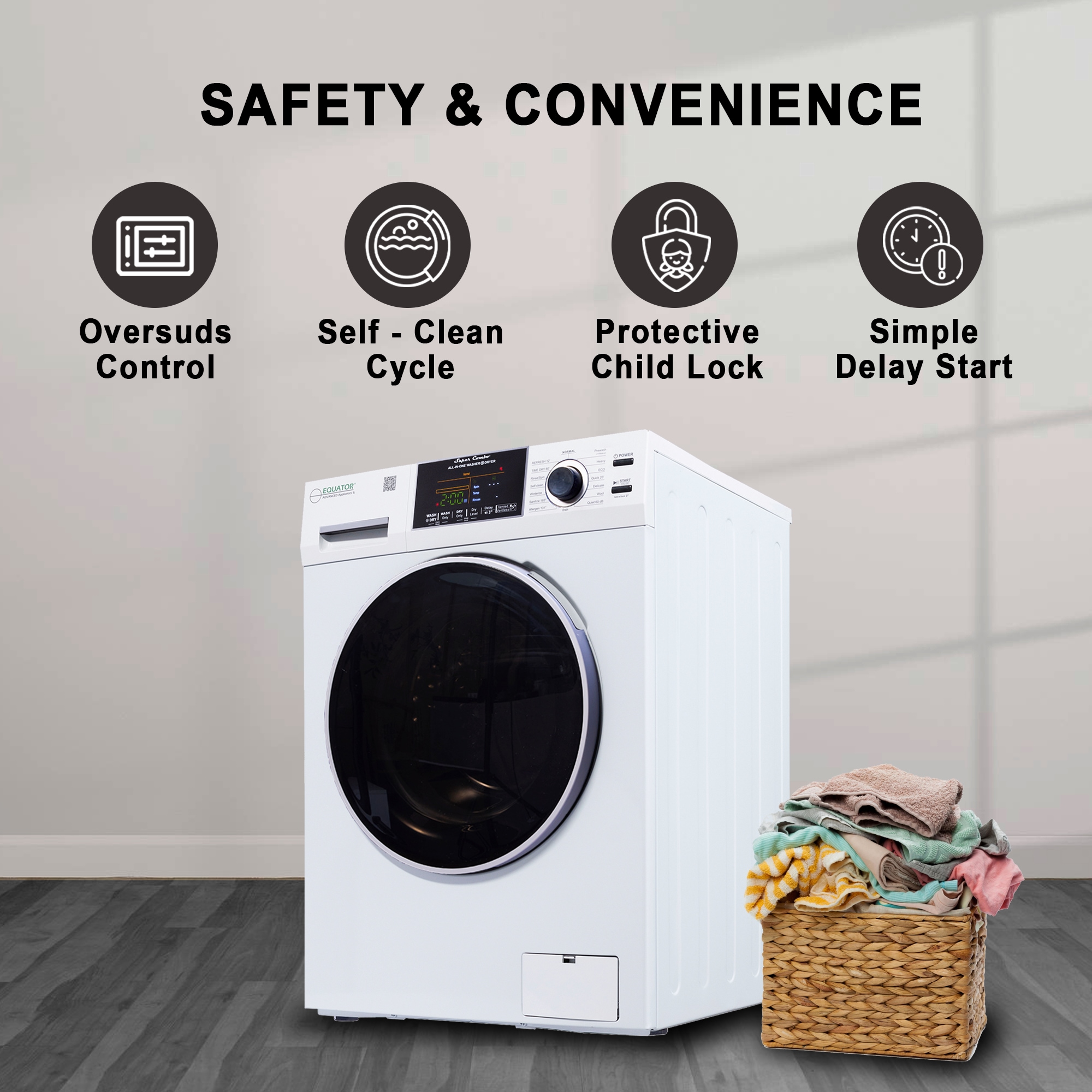Combo Lavadora-Secadora todo en uno de capacidad compacta de 1.9 pies cúbicos en color blanco con ventilación y tecnología avanzada EZ 5500 CV WHITE de Equator Advanced Appliances.