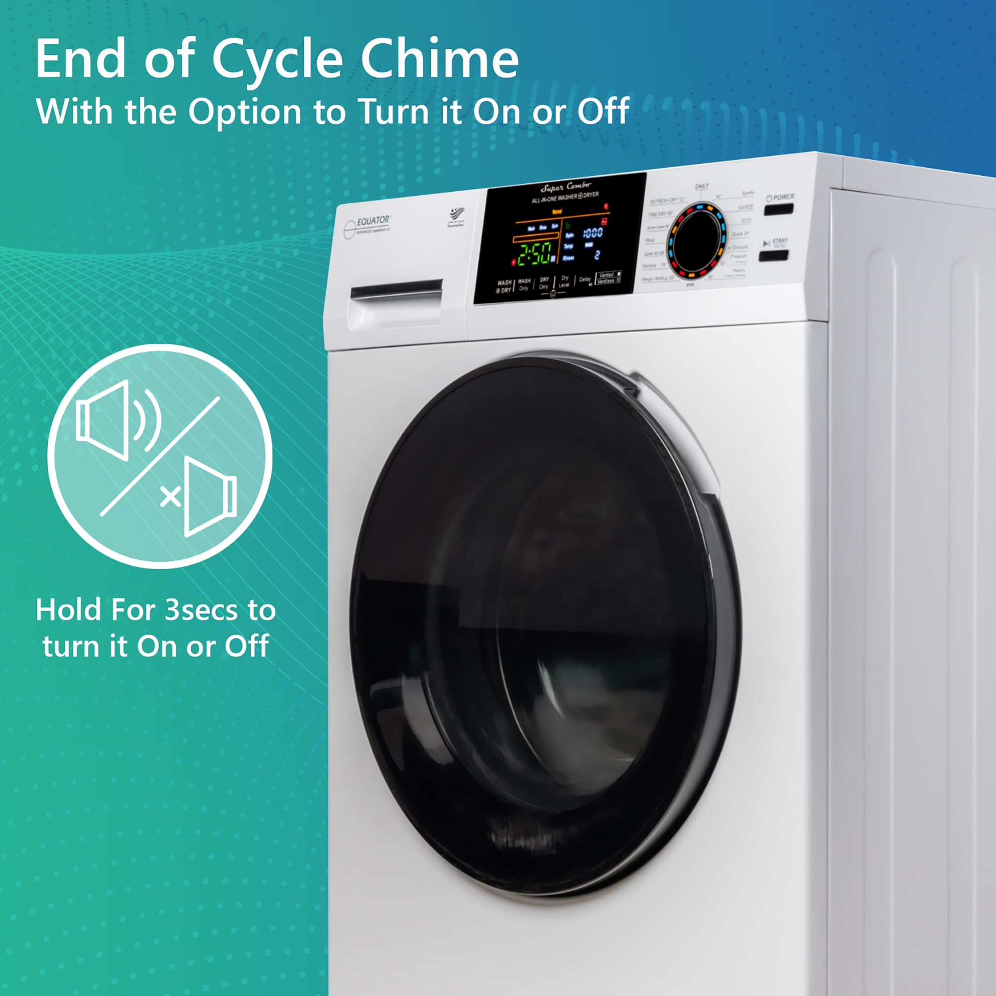 Combo Lavadora-Secadora todo en uno de capacidad compacta de 1.9 pies cúbicos en color blanco con ventilación y tecnología avanzada EZ 5500 CV WHITE de Equator Advanced Appliances.