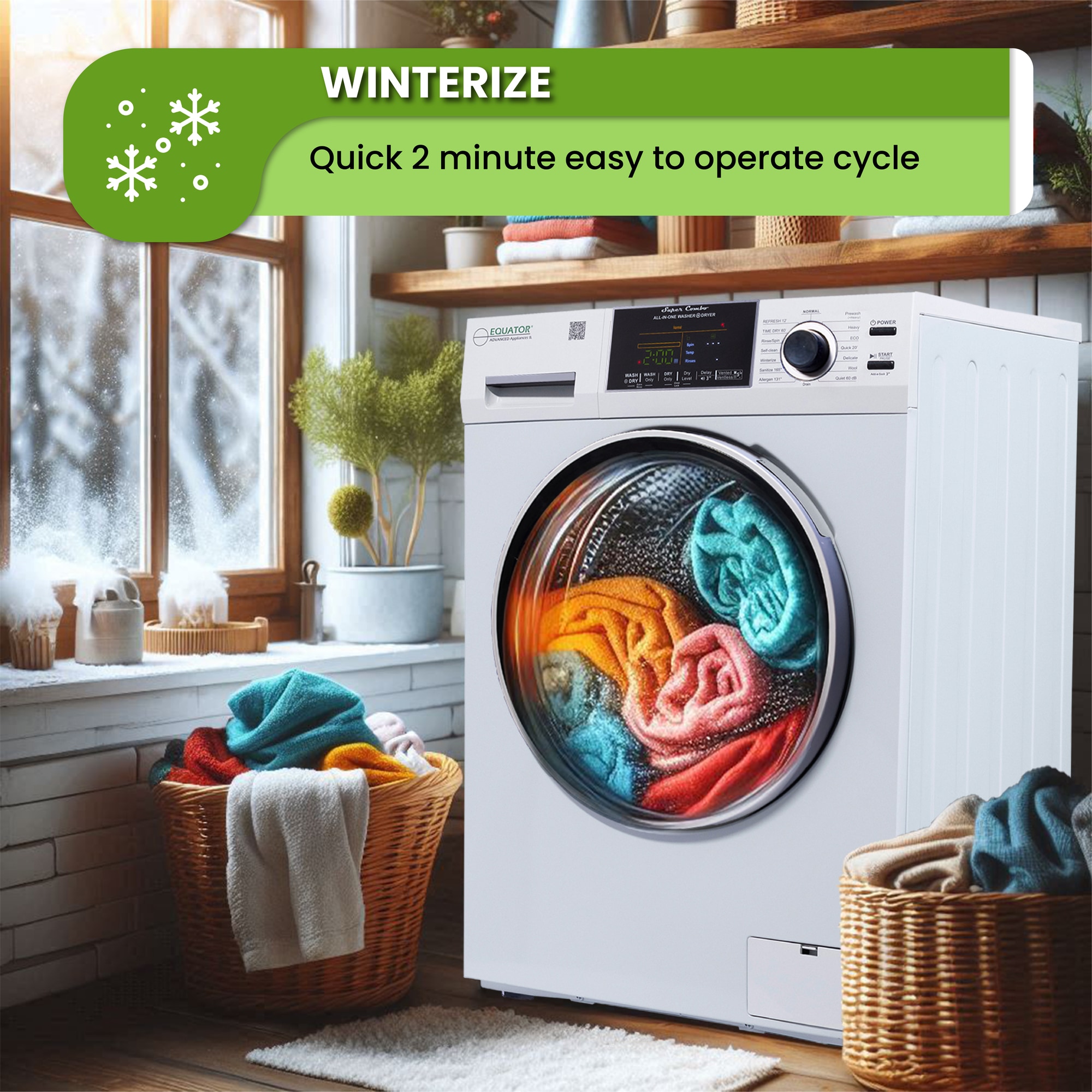 Combo Lavadora-Secadora todo en uno de capacidad compacta de 1.9 pies cúbicos en color blanco con ventilación y tecnología avanzada EZ 5500 CV WHITE de Equator Advanced Appliances.