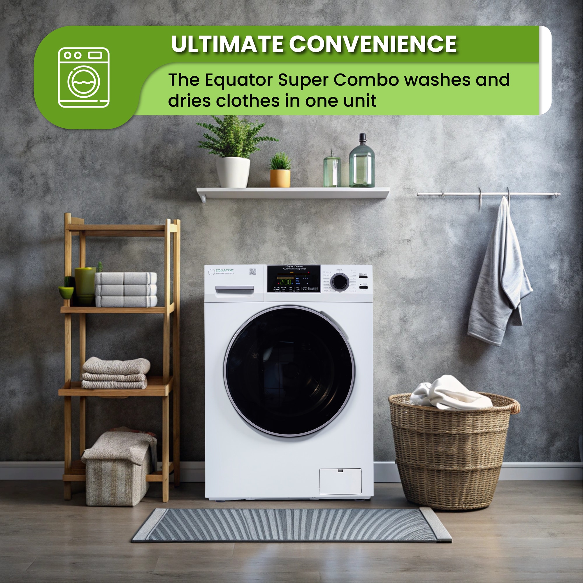 Combo Lavadora-Secadora todo en uno de capacidad compacta de 1.9 pies cúbicos en color blanco con ventilación y tecnología avanzada EZ 5500 CV WHITE de Equator Advanced Appliances.