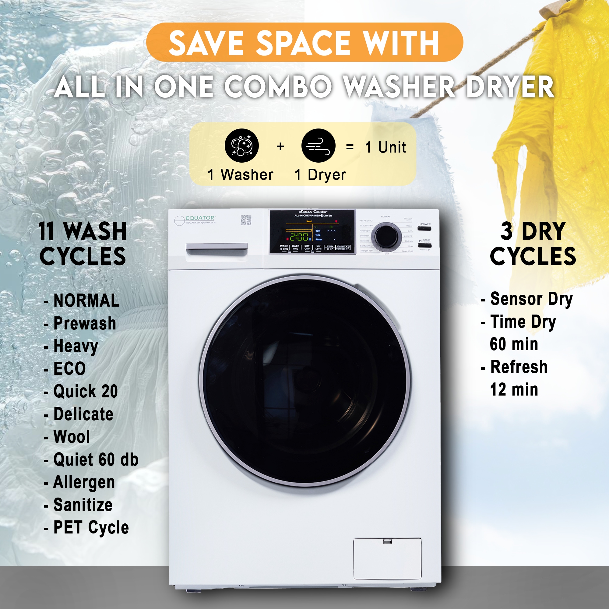 Combo Lavadora-Secadora todo en uno de capacidad compacta de 1.9 pies cúbicos en color blanco con ventilación y tecnología avanzada EZ 5500 CV WHITE de Equator Advanced Appliances.