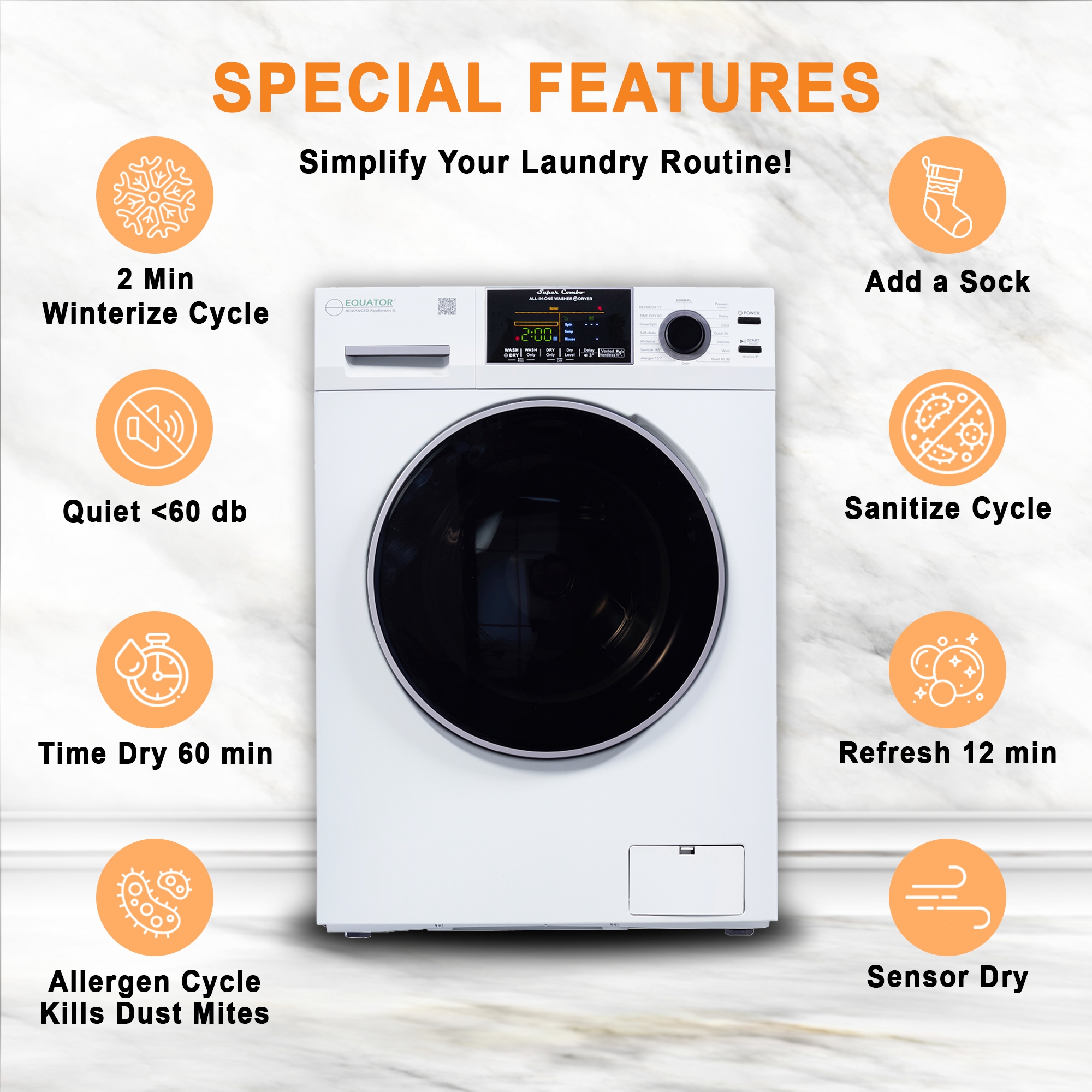 Combo Lavadora-Secadora todo en uno de capacidad compacta de 1.9 pies cúbicos en color blanco con ventilación y tecnología avanzada EZ 5500 CV WHITE de Equator Advanced Appliances.