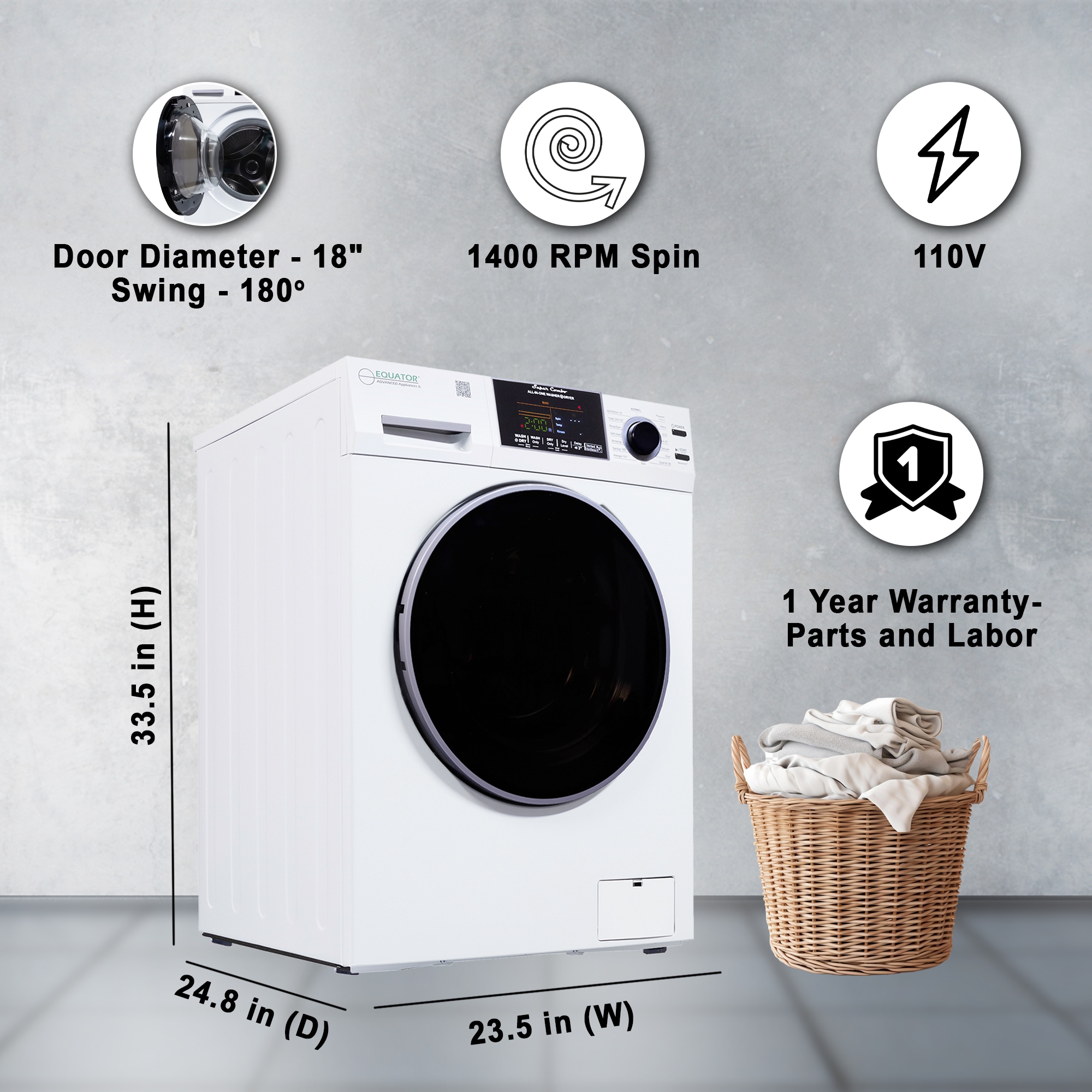 Combo Lavadora-Secadora todo en uno de capacidad compacta de 1.9 pies cúbicos en color blanco con ventilación y tecnología avanzada EZ 5500 CV WHITE de Equator Advanced Appliances.