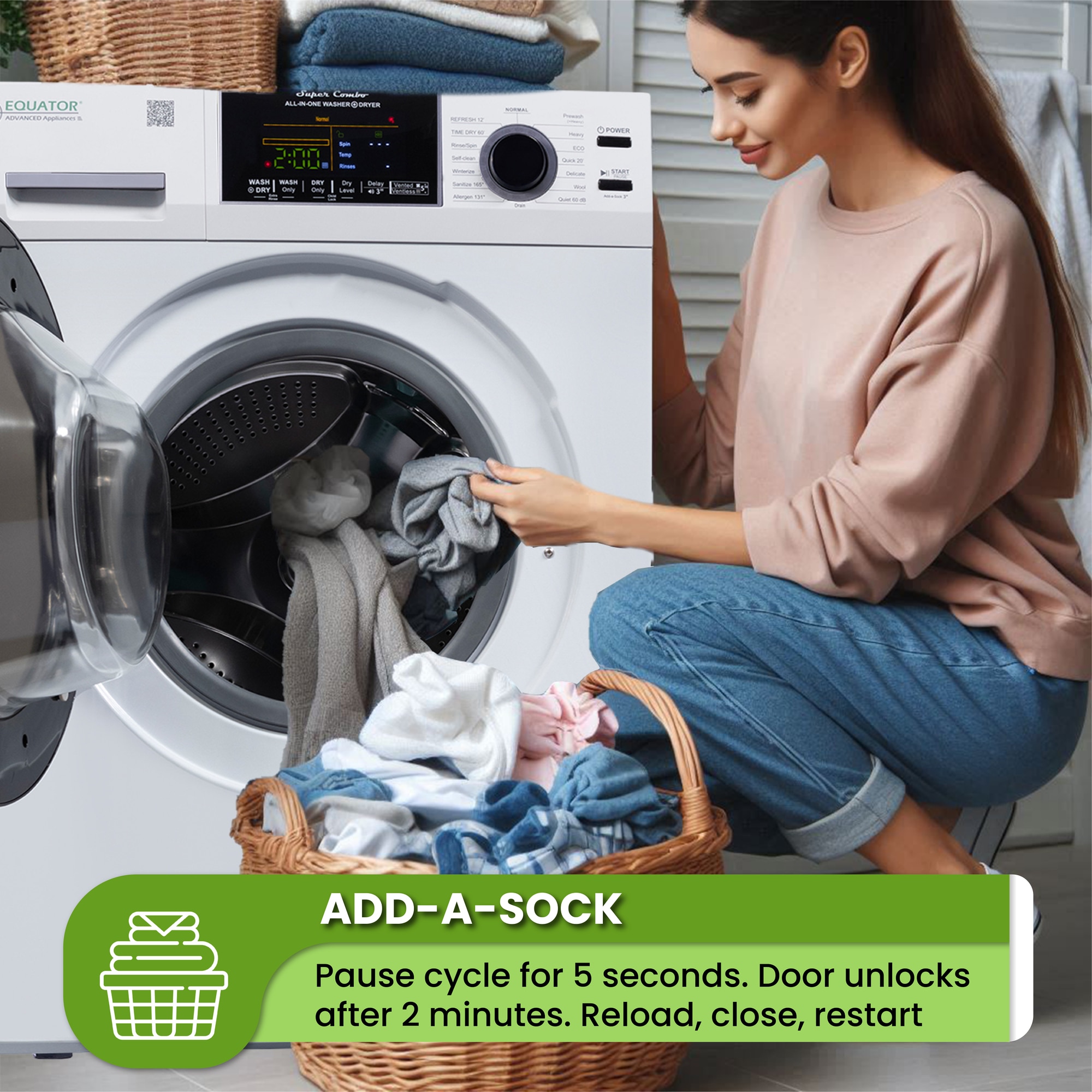 Combo Lavadora-Secadora todo en uno de capacidad compacta de 1.9 pies cúbicos en color blanco con ventilación y tecnología avanzada EZ 5500 CV WHITE de Equator Advanced Appliances.