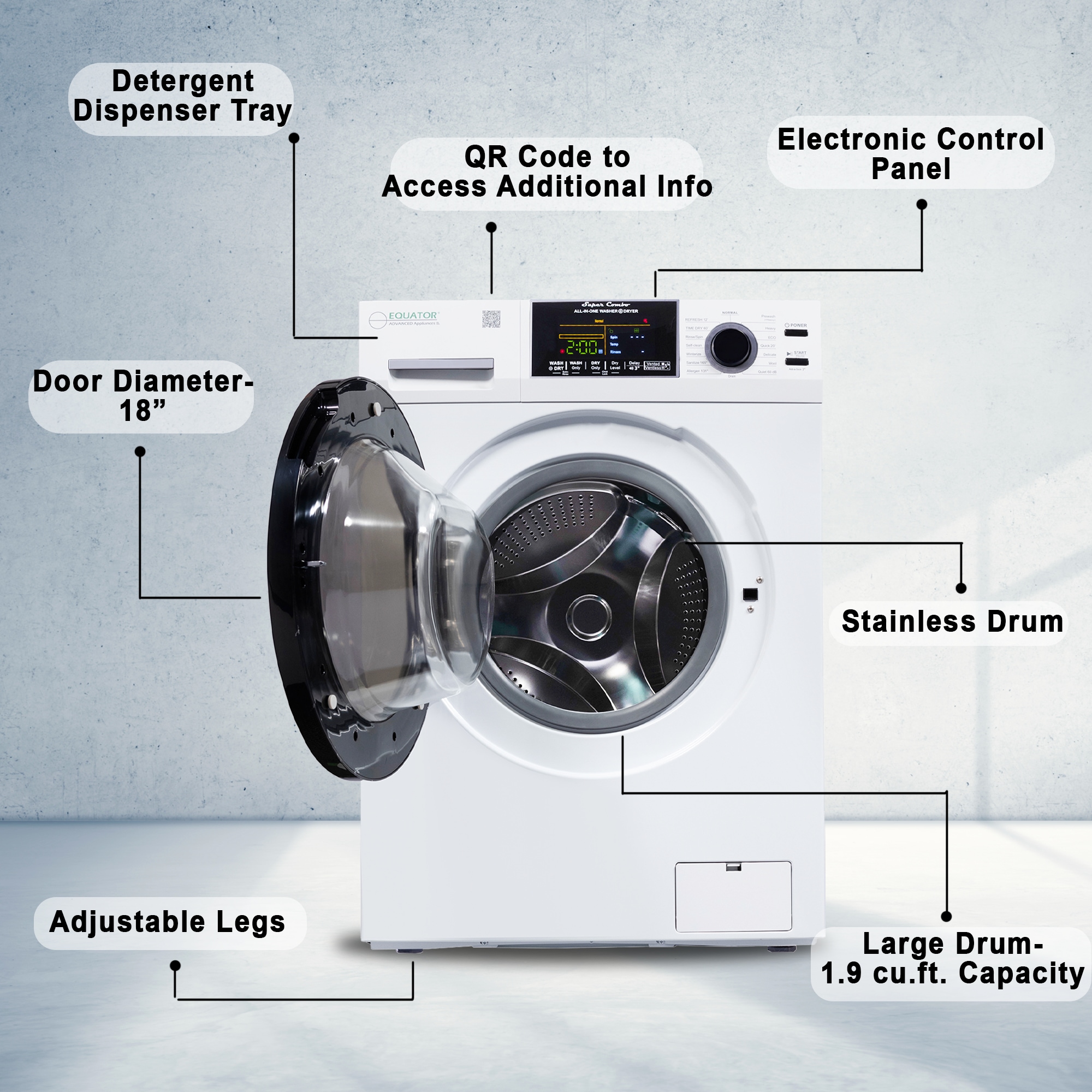 Combo Lavadora-Secadora todo en uno de capacidad compacta de 1.9 pies cúbicos en color blanco con ventilación y tecnología avanzada EZ 5500 CV WHITE de Equator Advanced Appliances.