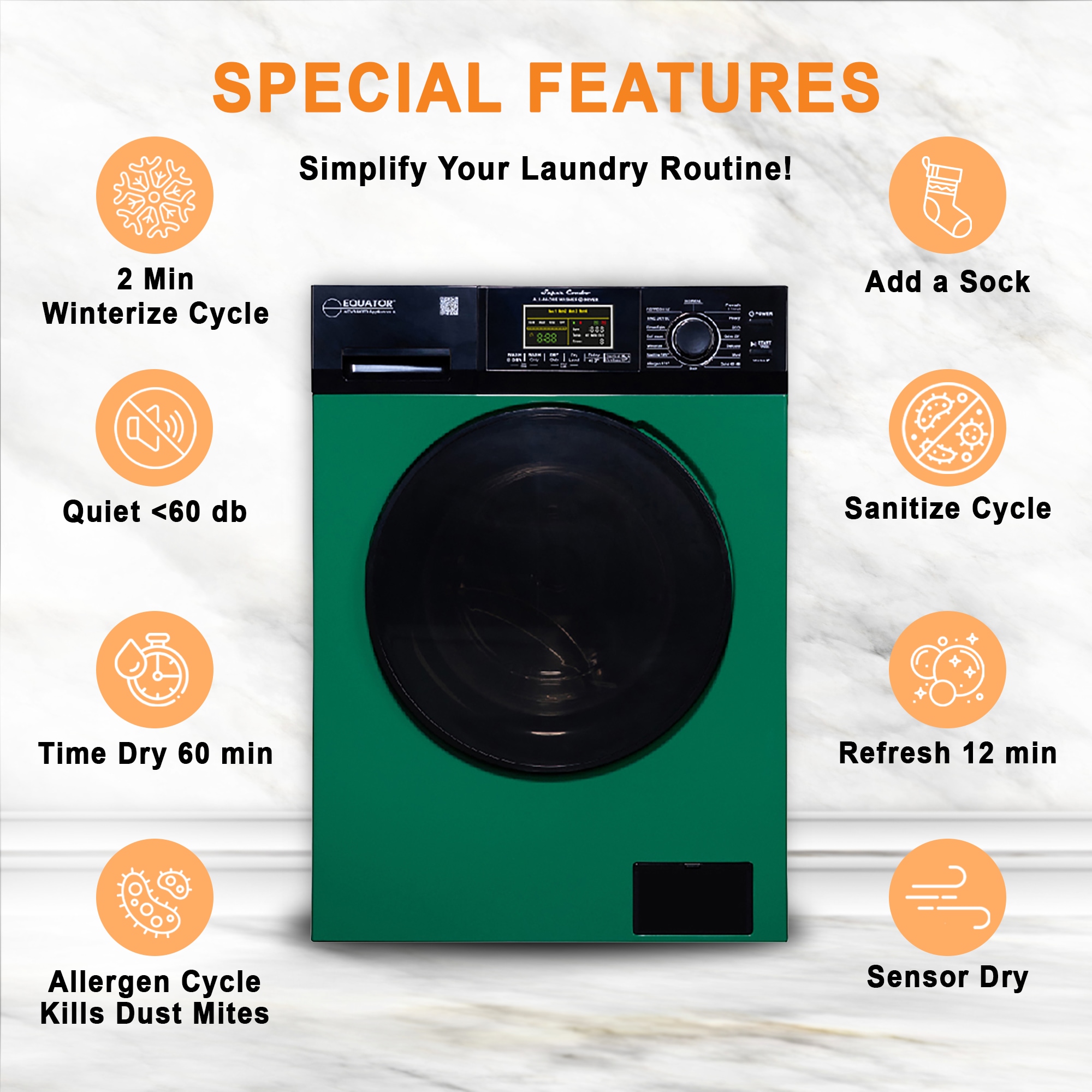 Equator Advanced Appliances Combo Lavadora Secadora Todo en Uno de 1.9 pies cúbicos en capacidad Verde/Negro con ventilación EZ 5500 CV VERDE