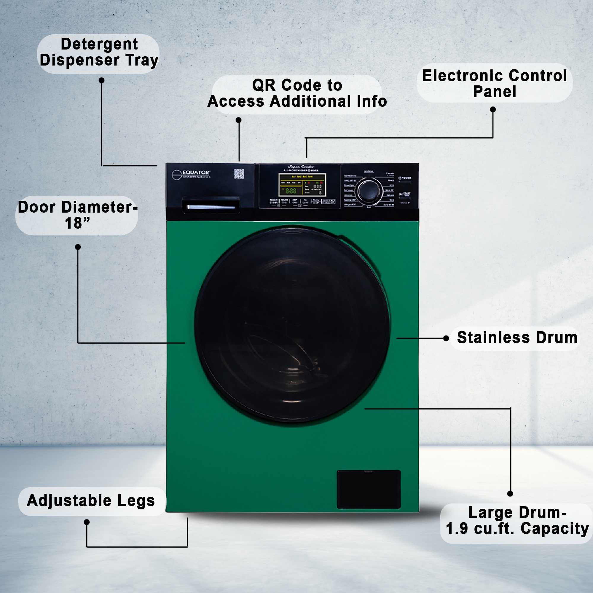 Equator Advanced Appliances Combo Lavadora Secadora Todo en Uno de 1.9 pies cúbicos en capacidad Verde/Negro con ventilación EZ 5500 CV VERDE