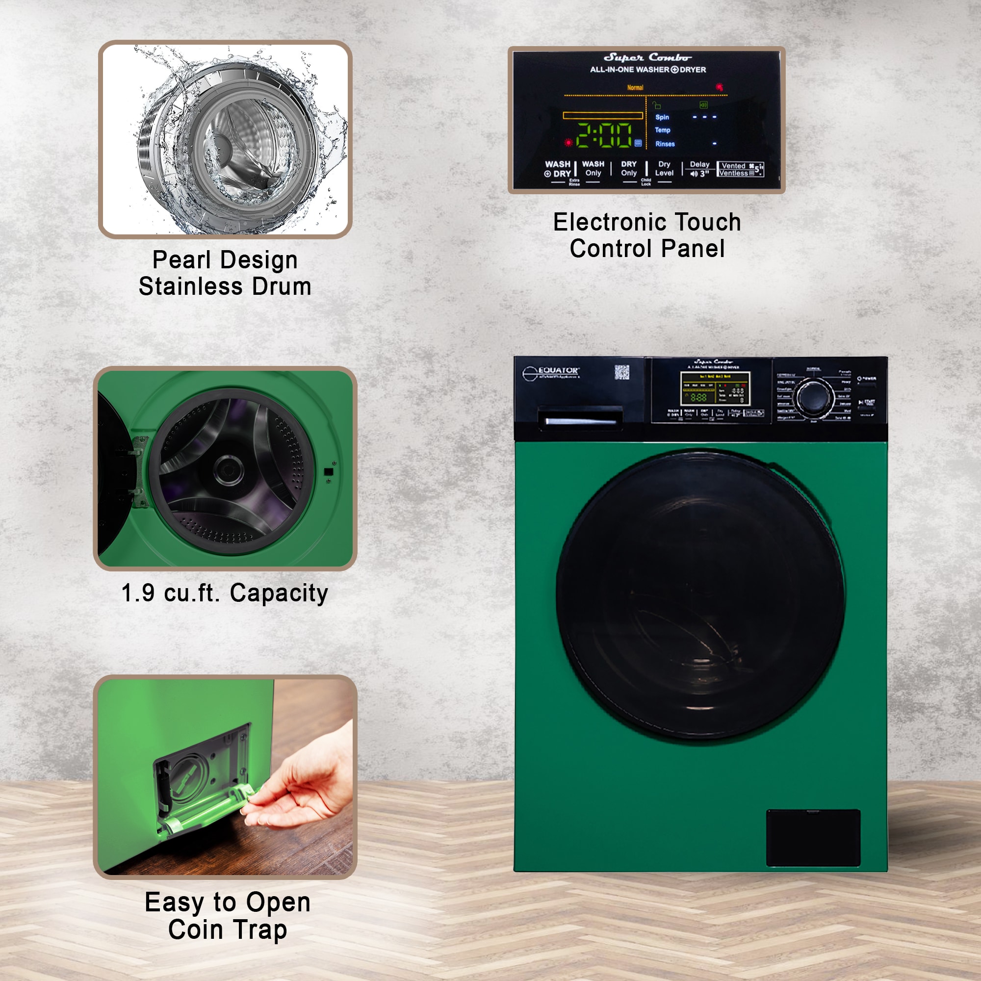 Equator Advanced Appliances Combo Lavadora Secadora Todo en Uno de 1.9 pies cúbicos en capacidad Verde/Negro con ventilación EZ 5500 CV VERDE