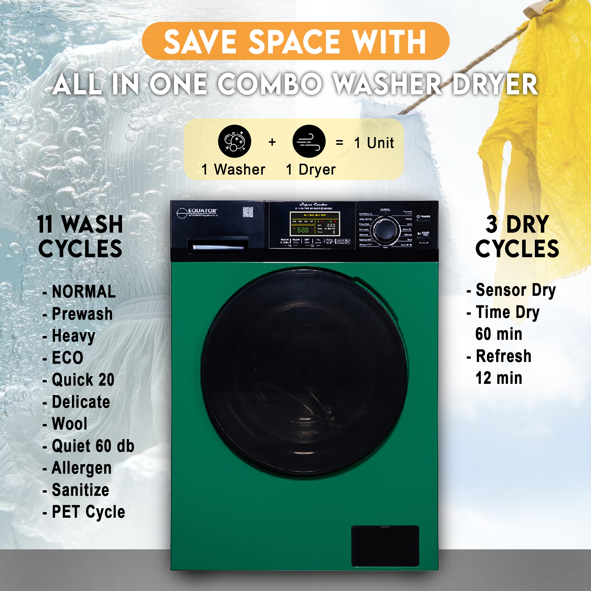 Equator Advanced Appliances Combo Lavadora Secadora Todo en Uno de 1.9 pies cúbicos en capacidad Verde/Negro con ventilación EZ 5500 CV VERDE