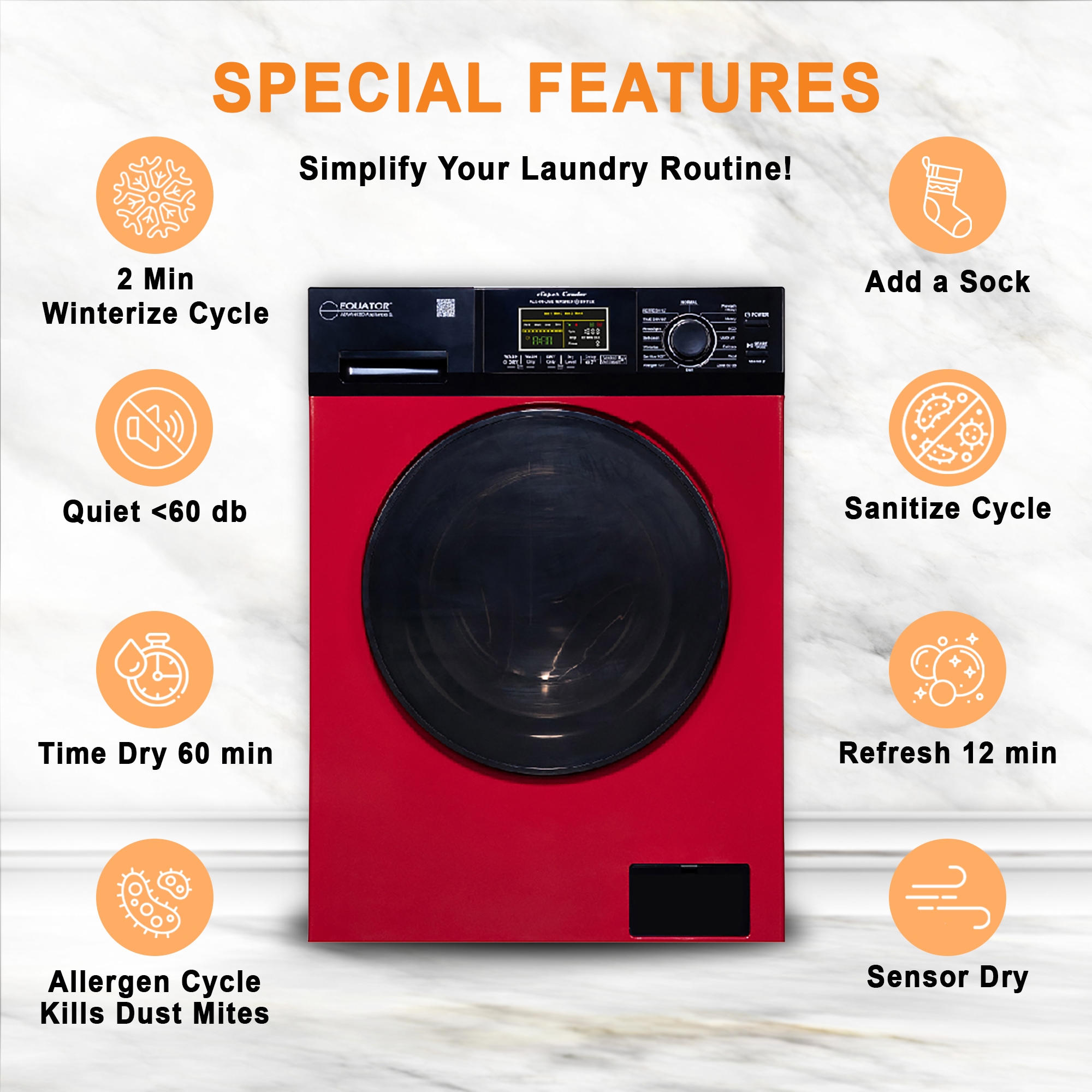 Lavadora Secadora Todo en Uno Compacta Digital de 1.9 pies cúbicos de Capacidad en Rojo y Negro con Ventilación Avanzada EZ 5500 CV ROJO