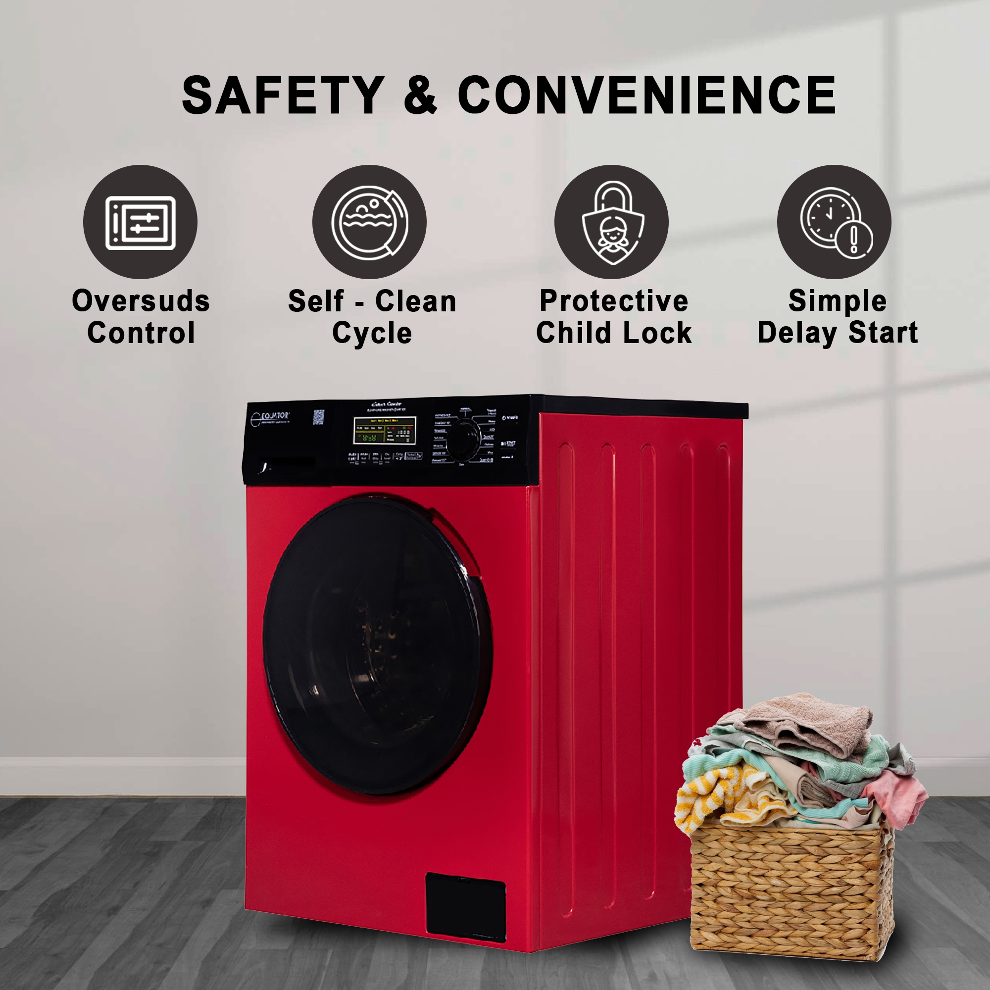 Lavadora Secadora Todo en Uno Compacta Digital de 1.9 pies cúbicos de Capacidad en Rojo y Negro con Ventilación Avanzada EZ 5500 CV ROJO