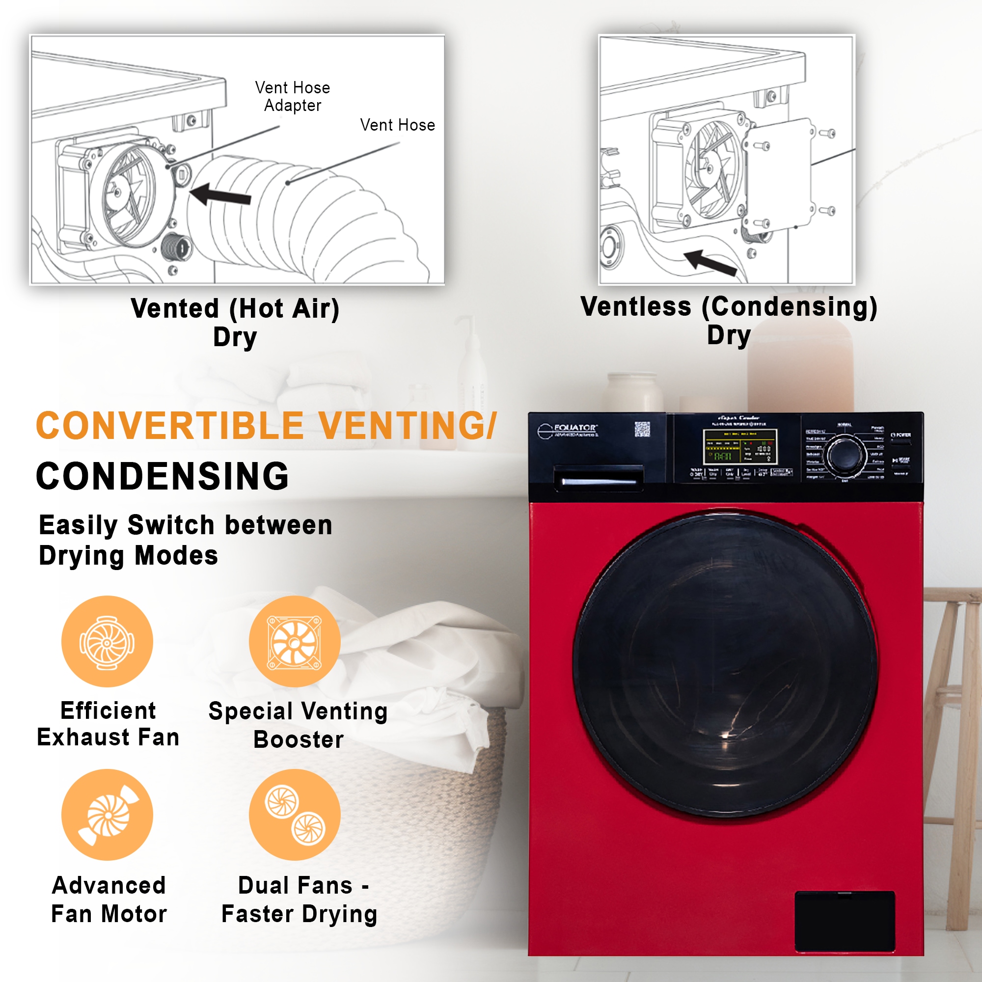 Lavadora Secadora Todo en Uno Compacta Digital de 1.9 pies cúbicos de Capacidad en Rojo y Negro con Ventilación Avanzada EZ 5500 CV ROJO