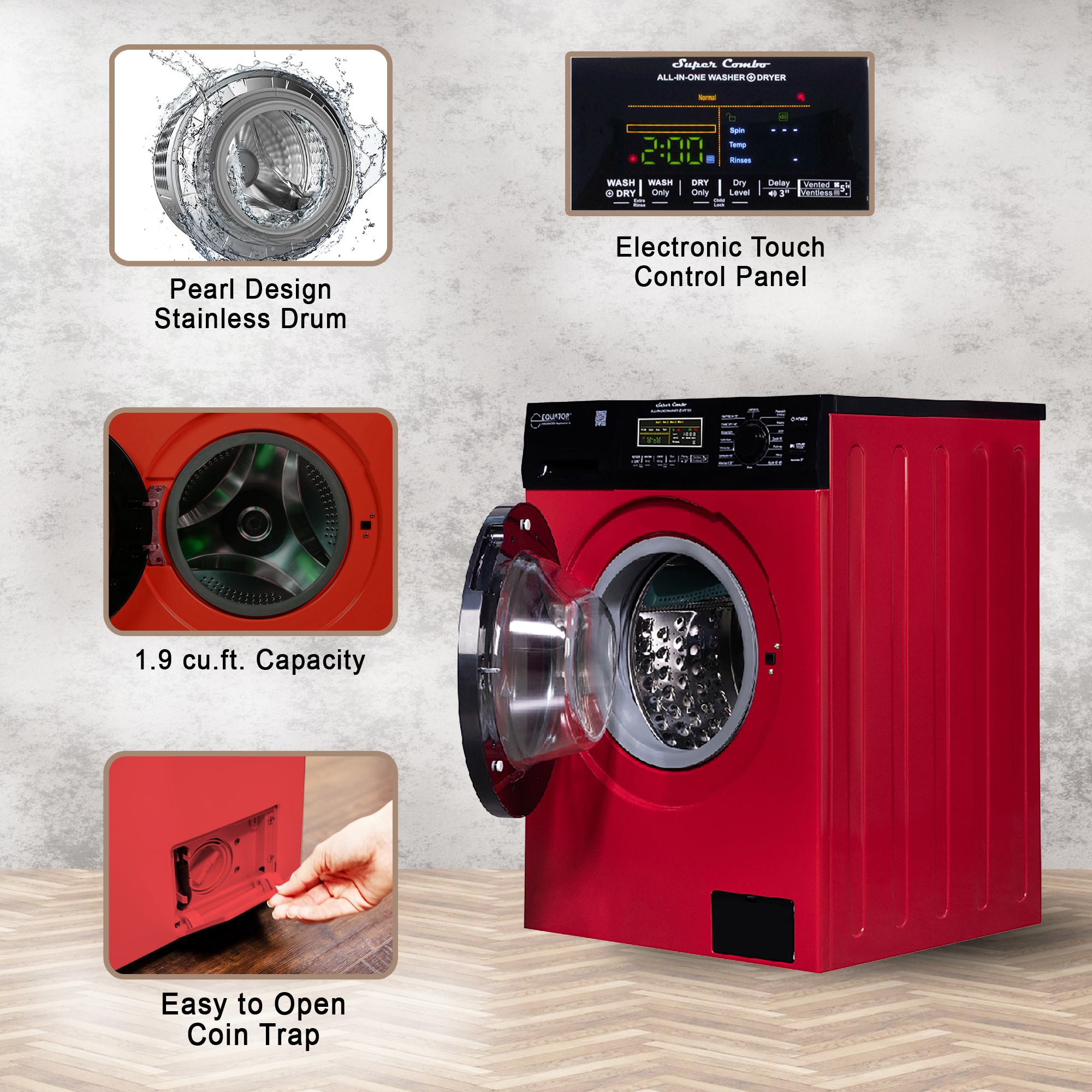 Lavadora Secadora Todo en Uno Compacta Digital de 1.9 pies cúbicos de Capacidad en Rojo y Negro con Ventilación Avanzada EZ 5500 CV ROJO