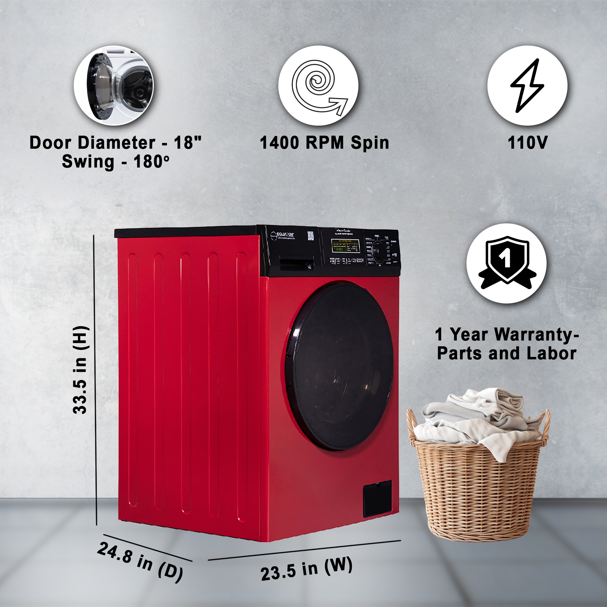 Lavadora Secadora Todo en Uno Compacta Digital de 1.9 pies cúbicos de Capacidad en Rojo y Negro con Ventilación Avanzada EZ 5500 CV ROJO