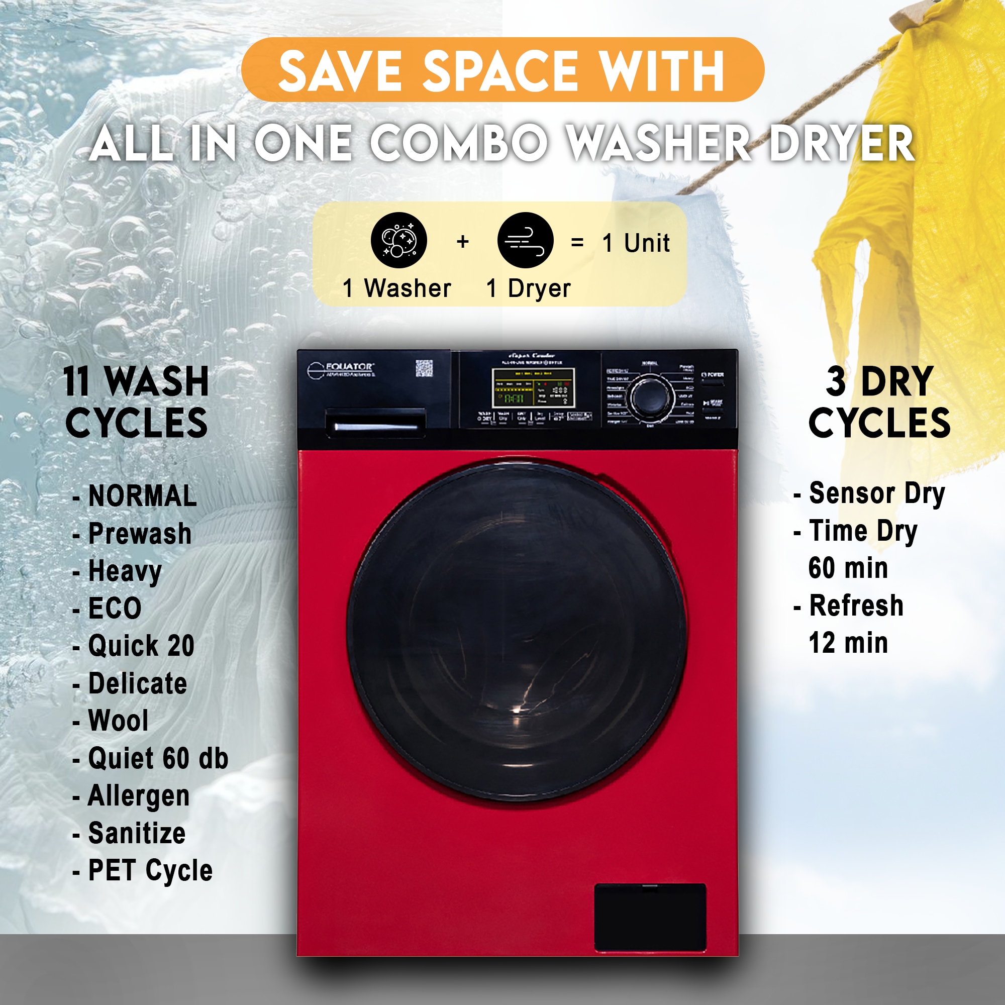 Lavadora Secadora Todo en Uno Compacta Digital de 1.9 pies cúbicos de Capacidad en Rojo y Negro con Ventilación Avanzada EZ 5500 CV ROJO