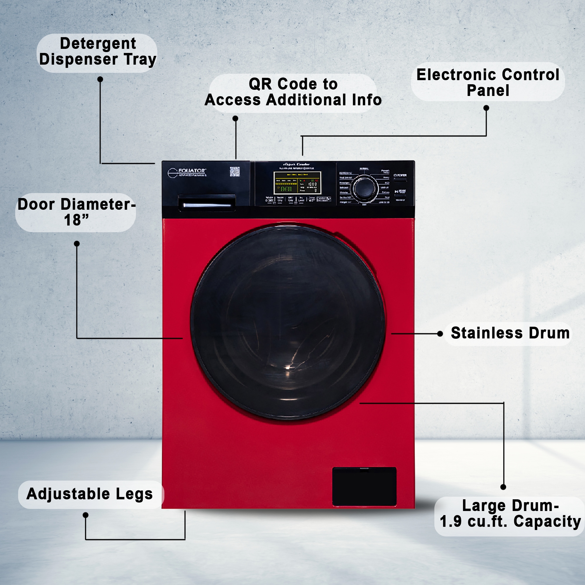 Lavadora Secadora Todo en Uno Compacta Digital de 1.9 pies cúbicos de Capacidad en Rojo y Negro con Ventilación Avanzada EZ 5500 CV ROJO