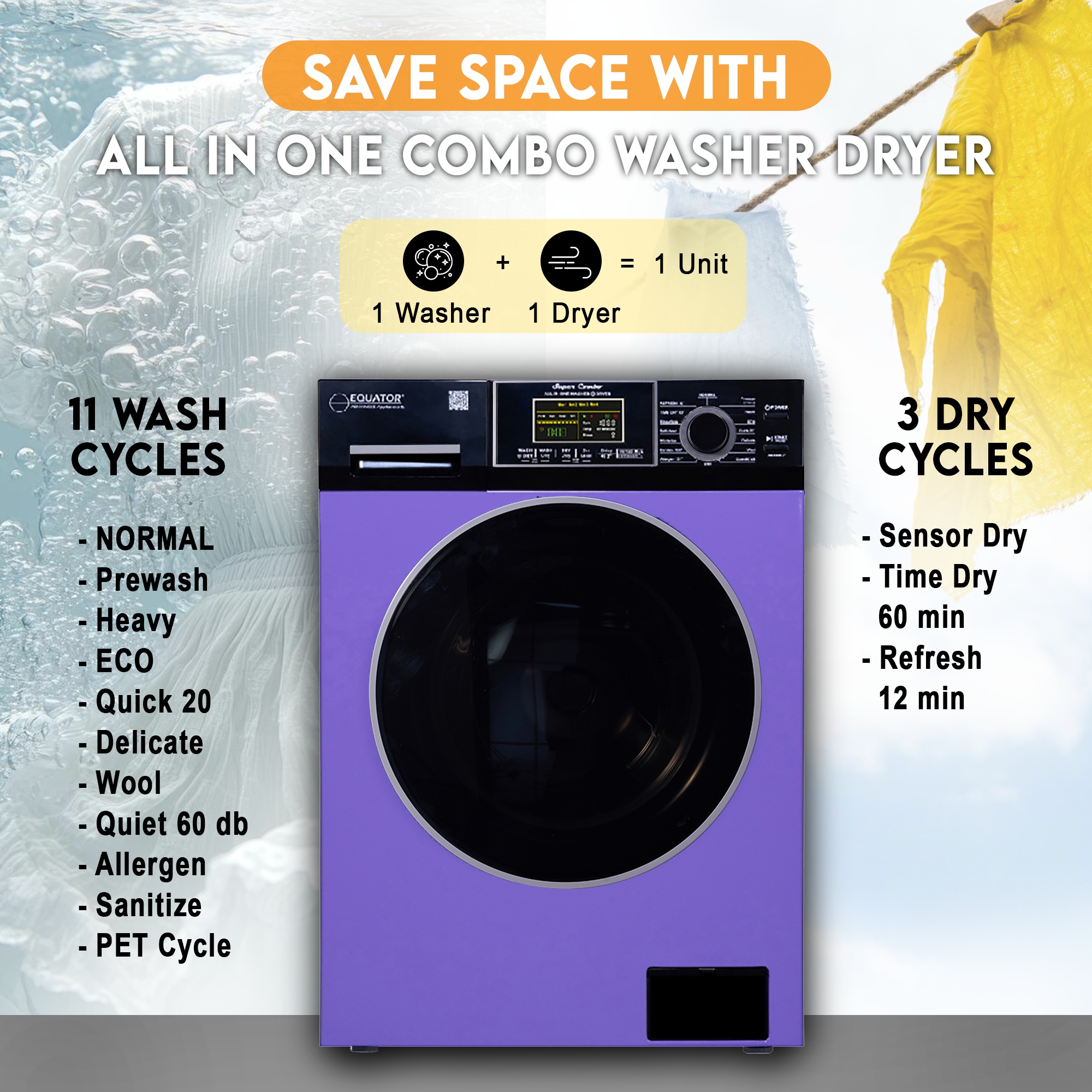Combo Lavadora-Secadora Todo en Uno de 1.9 pies cúbicos en Azul Periwinkle/Negro con Ventilación Digital de Equator Advanced Appliances EZ 5500 CV P/B.