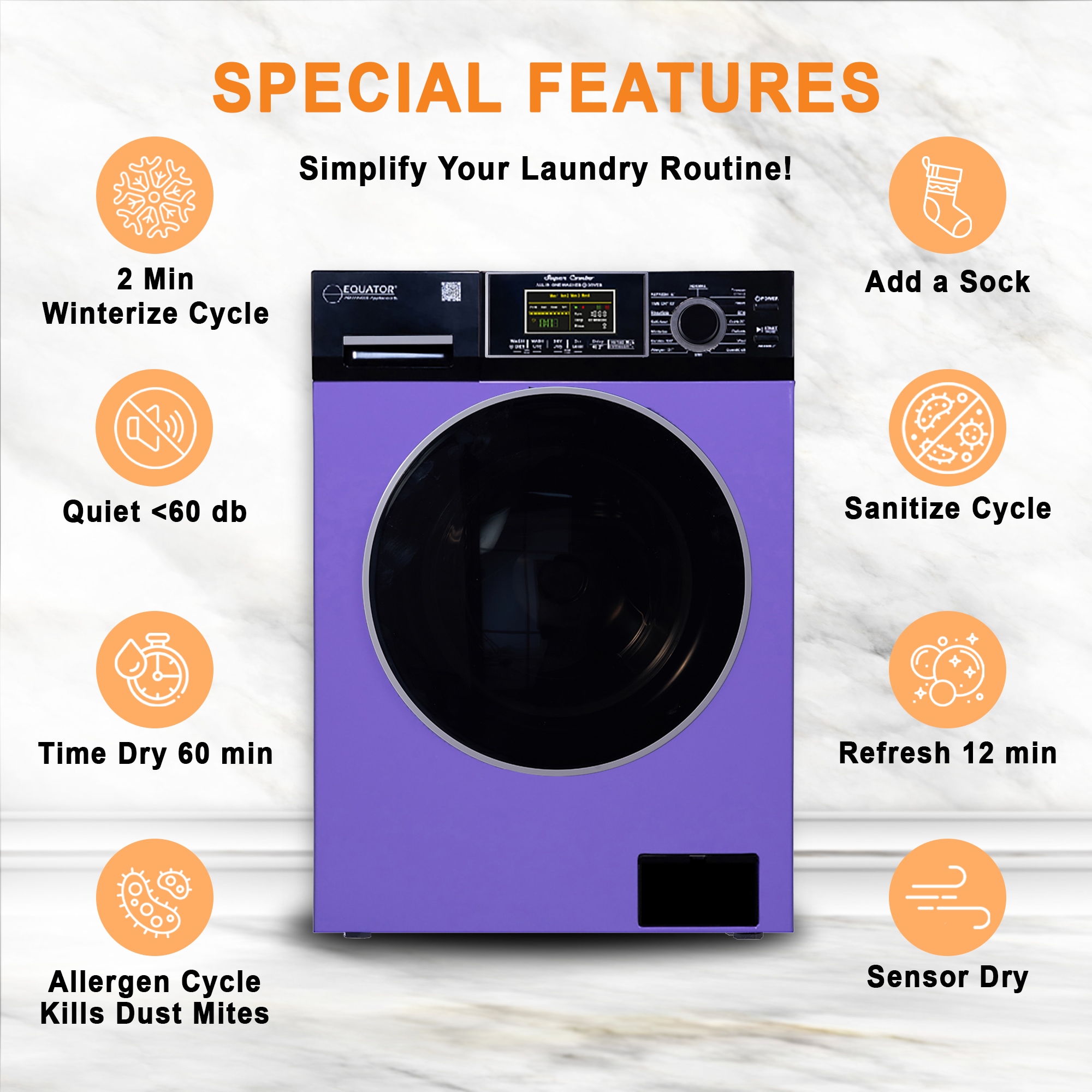 Combo Lavadora-Secadora Todo en Uno de 1.9 pies cúbicos en Azul Periwinkle/Negro con Ventilación Digital de Equator Advanced Appliances EZ 5500 CV P/B.