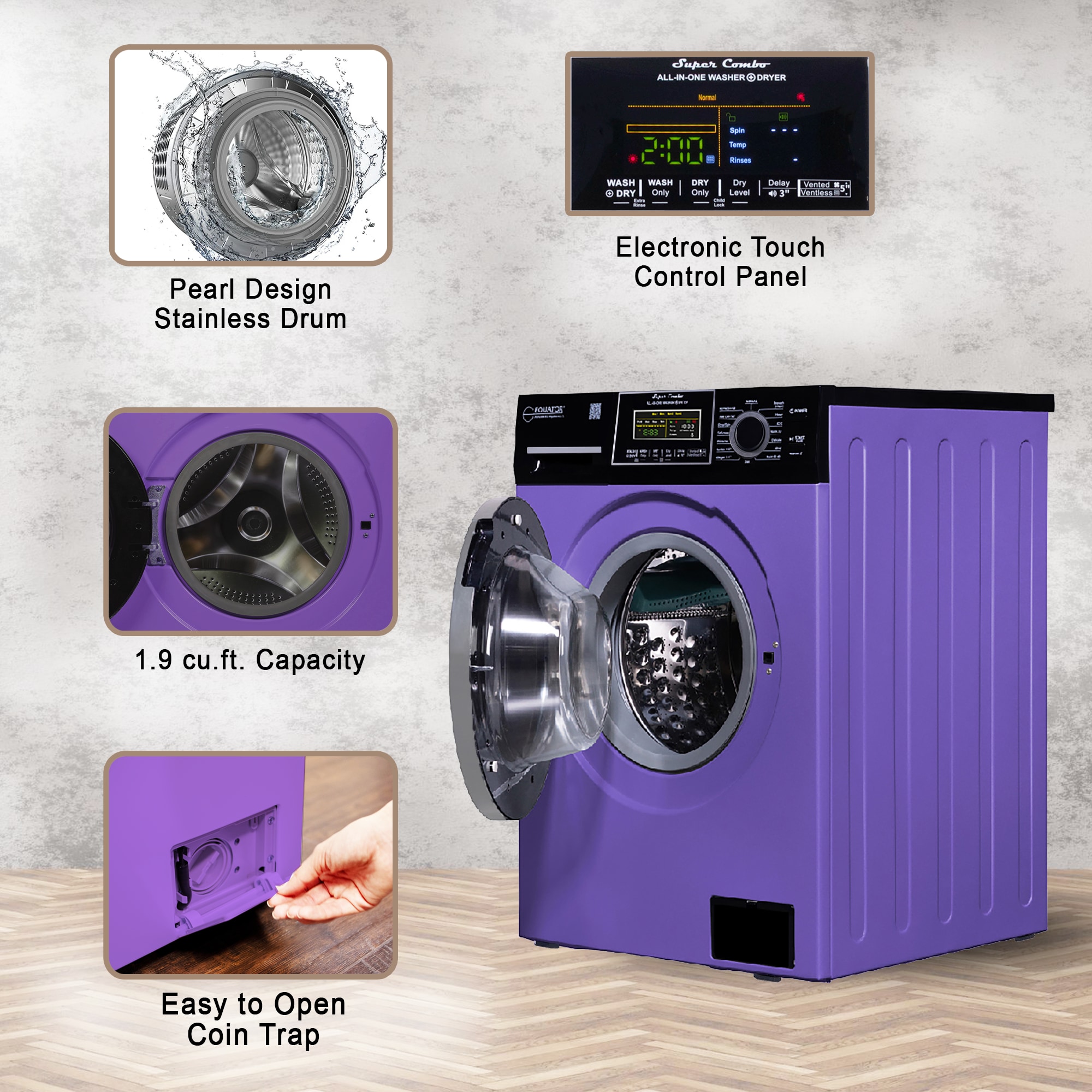 Combo Lavadora-Secadora Todo en Uno de 1.9 pies cúbicos en Azul Periwinkle/Negro con Ventilación Digital de Equator Advanced Appliances EZ 5500 CV P/B.