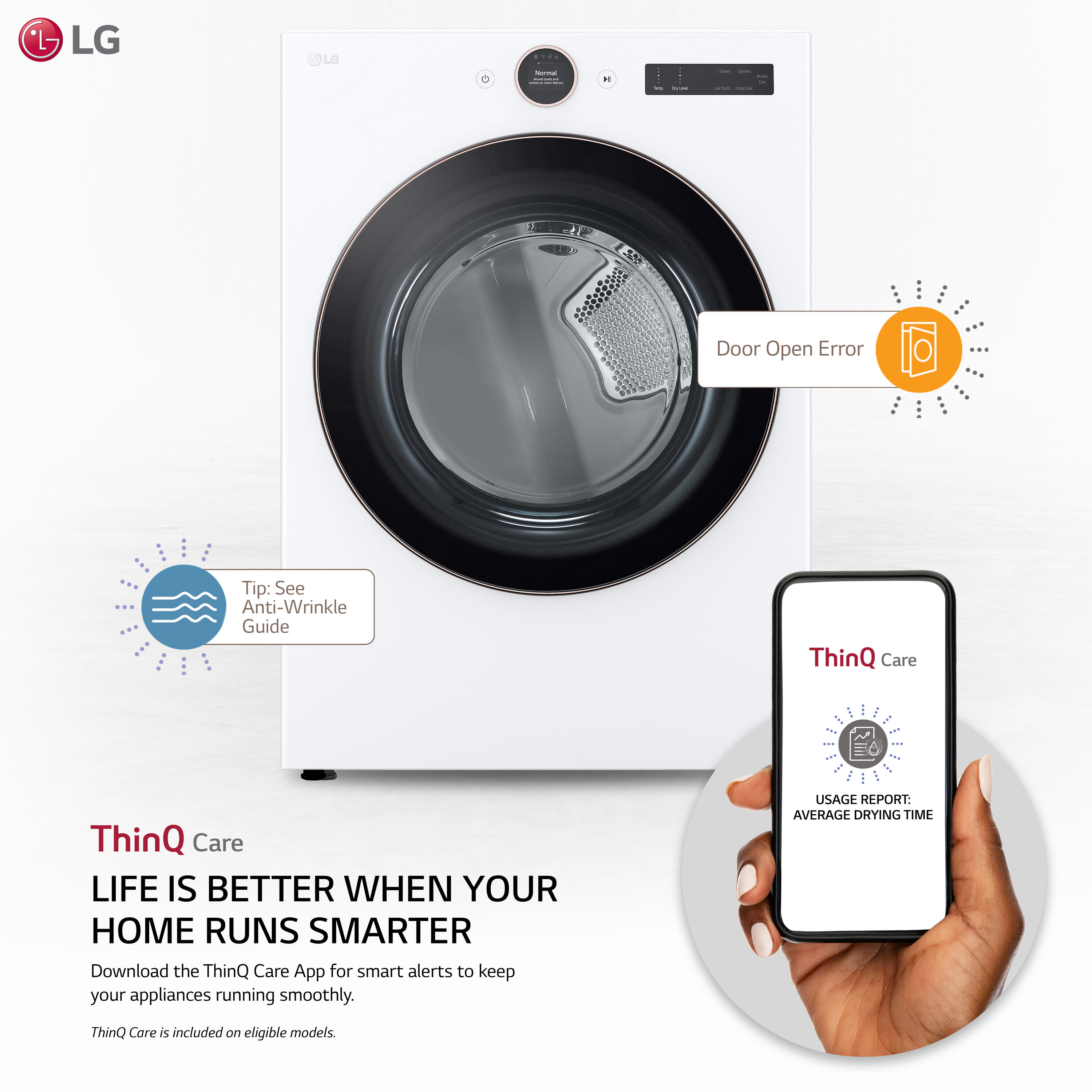 Secadora de gas apilable LG de 7.4 pies cúbicos con ciclo de vapor y compatible con tecnología inteligente (Blanco) - DLGX6501W