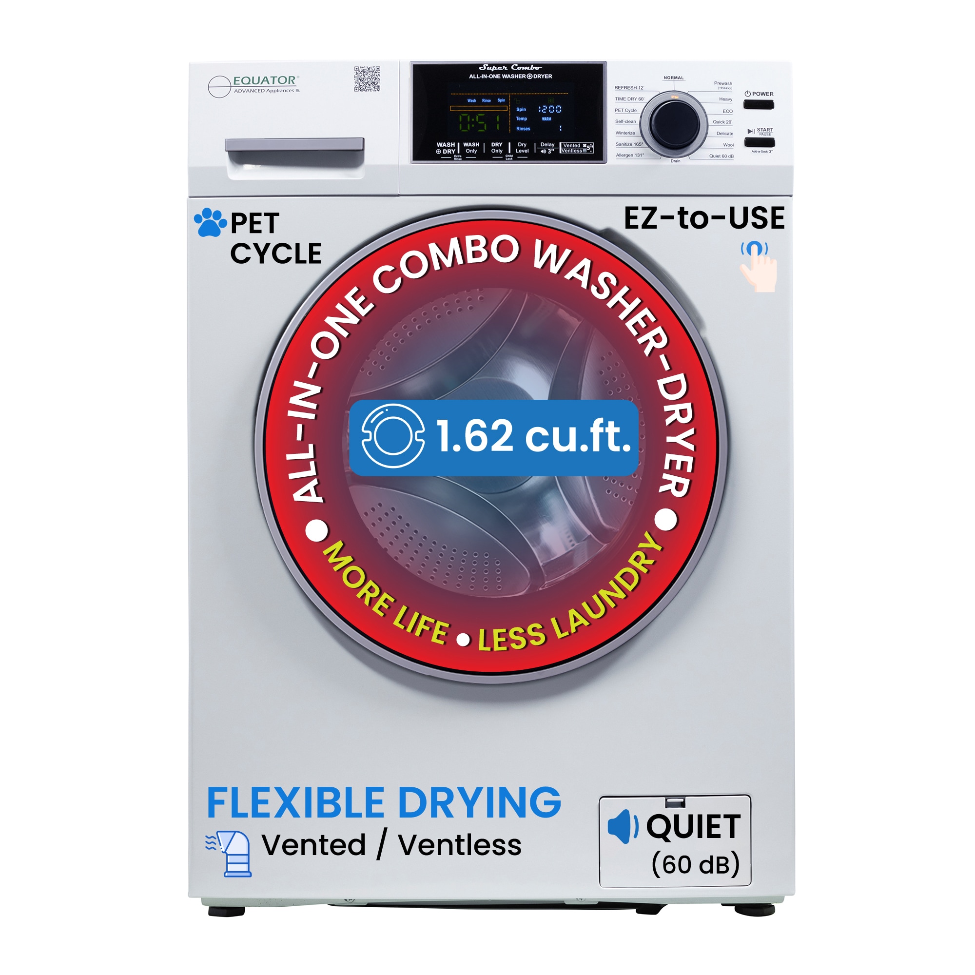 Lavadora Secadora Todo en Uno Compacta para Mascotas de Equator Advanced Appliances, Capacidad 1.62 pies cúbicos, color blanco, Modelo EZ 4600 W