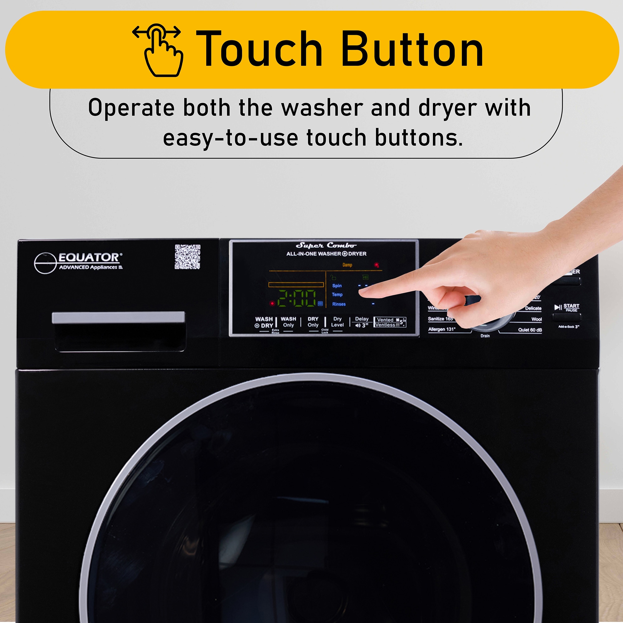 Combo Lavadora-Secadora Todo en Uno Compacta de Mascotas con Capacidad de 1.62 pies cúbicos en Color Negro Modelo EZ 4600 B de Equator Advanced Appliances