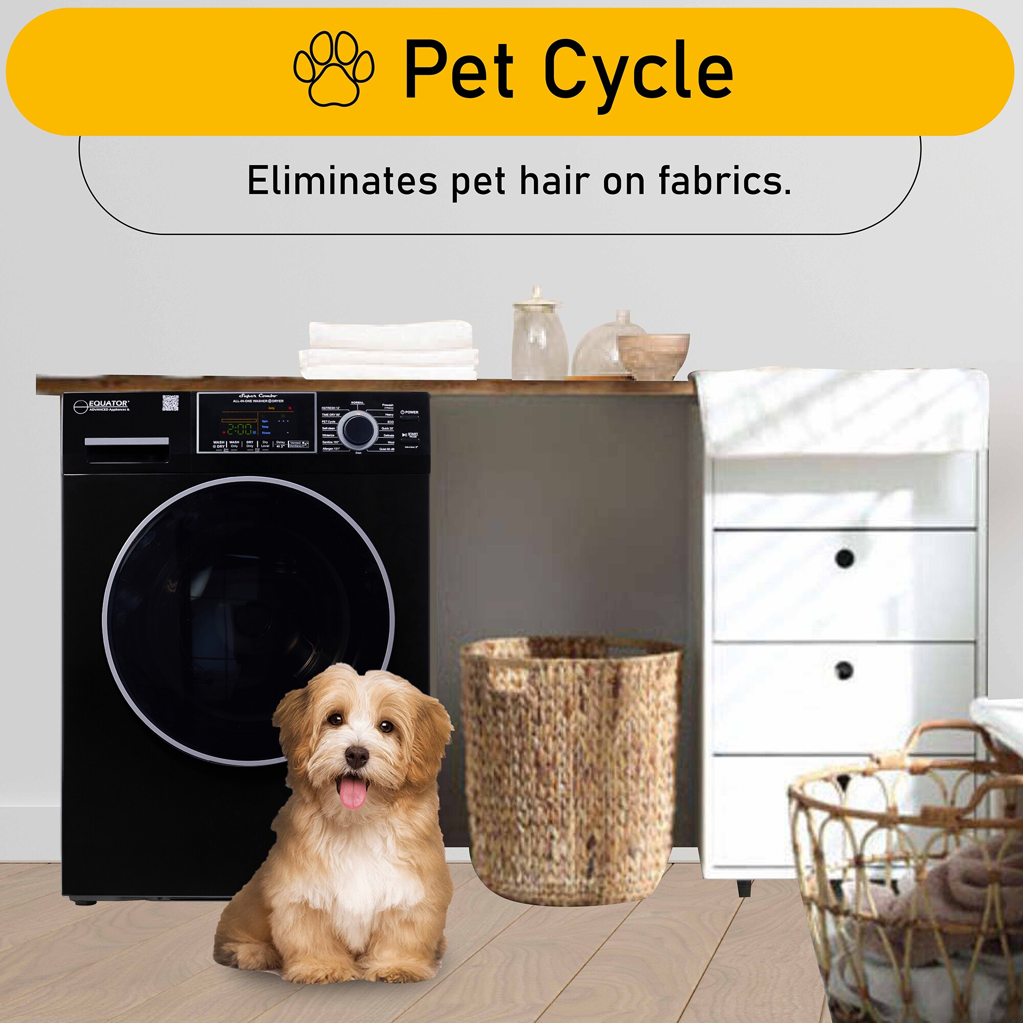 Combo Lavadora-Secadora Todo en Uno Compacta de Mascotas con Capacidad de 1.62 pies cúbicos en Color Negro Modelo EZ 4600 B de Equator Advanced Appliances