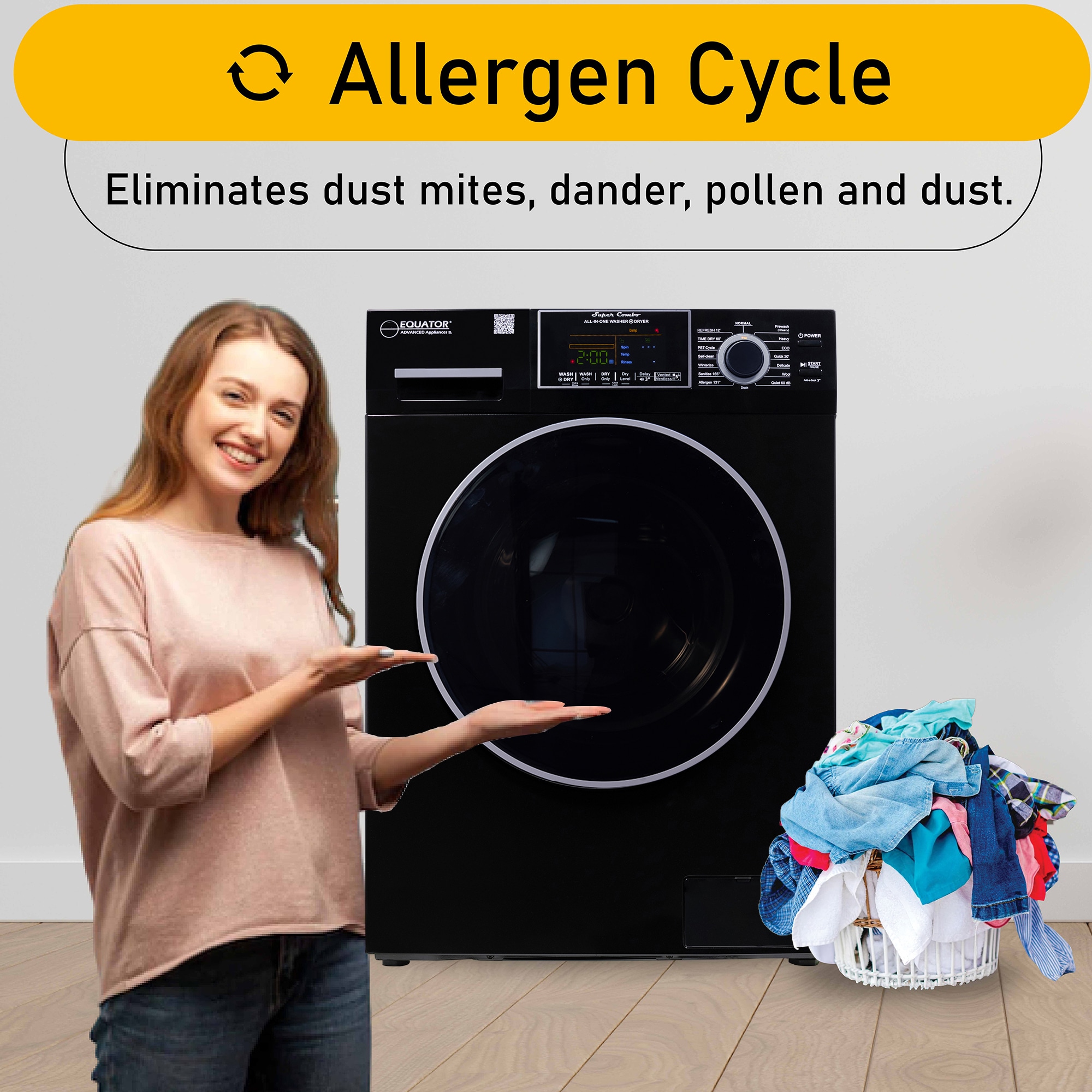 Combo Lavadora-Secadora Todo en Uno Compacta de Mascotas con Capacidad de 1.62 pies cúbicos en Color Negro Modelo EZ 4600 B de Equator Advanced Appliances