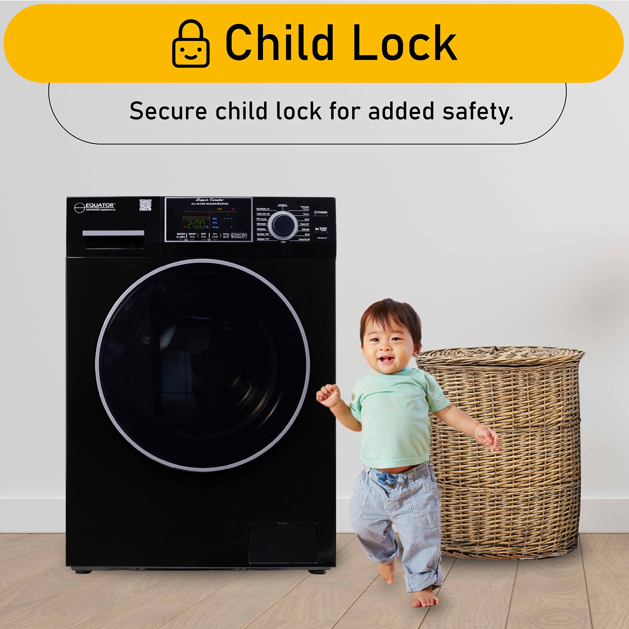 Combo Lavadora-Secadora Todo en Uno Compacta de Mascotas con Capacidad de 1.62 pies cúbicos en Color Negro Modelo EZ 4600 B de Equator Advanced Appliances