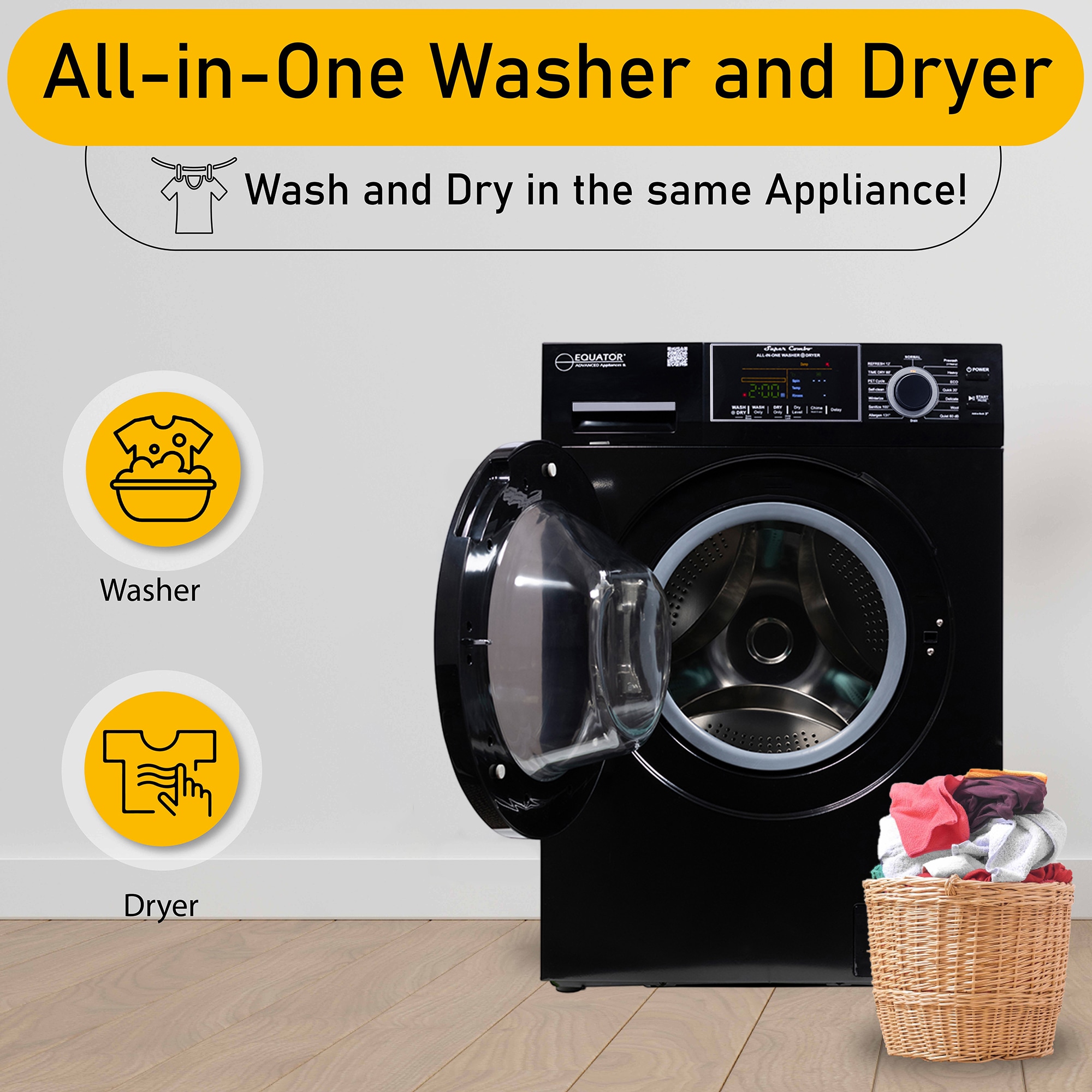 Combo Lavadora-Secadora Todo en Uno Compacta de Mascotas con Capacidad de 1.62 pies cúbicos en Color Negro Modelo EZ 4600 B de Equator Advanced Appliances