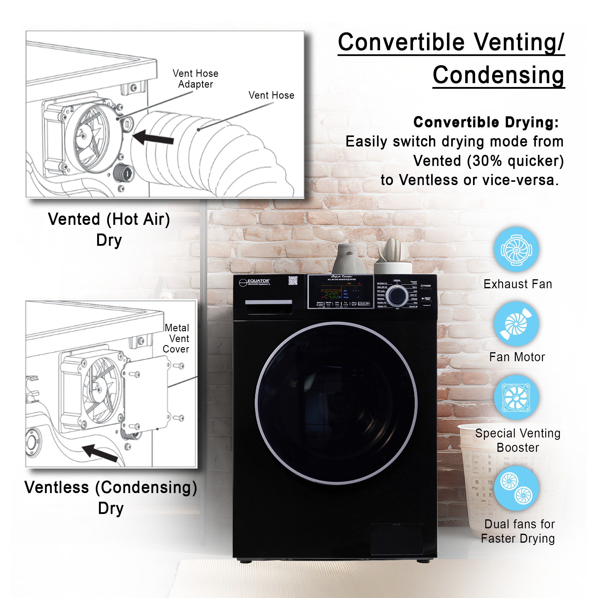 Combo Lavadora-Secadora Todo en Uno Compacta de Mascotas con Capacidad de 1.62 pies cúbicos en Color Negro Modelo EZ 4600 B de Equator Advanced Appliances