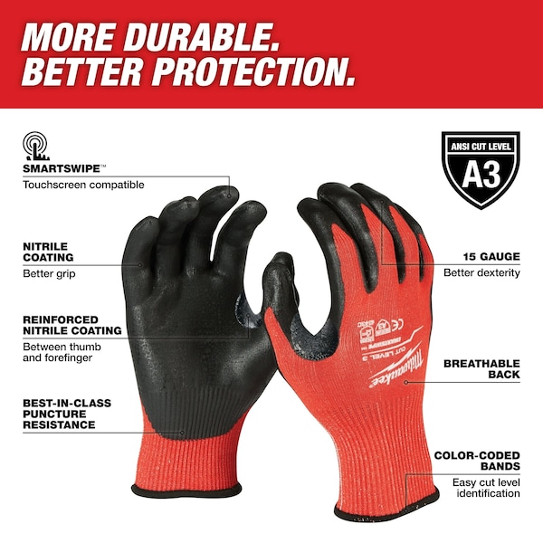 Guantes Milwaukee Tool resistentes a cortes, nivel de corte A3, calibre 15, rojo, talla XL (10) - 48-22-8933B