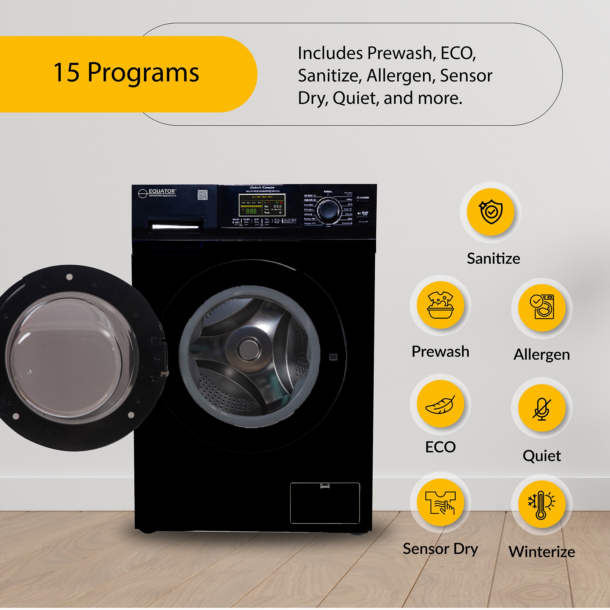 Combo de Lavadora Secadora Todo en Uno Ventilado Negro de Capacidad Compacta de 1.62 pies cúbicos Versión Mascotas para Casa Rodante Equator Advanced Appliances EZ 4600 RV