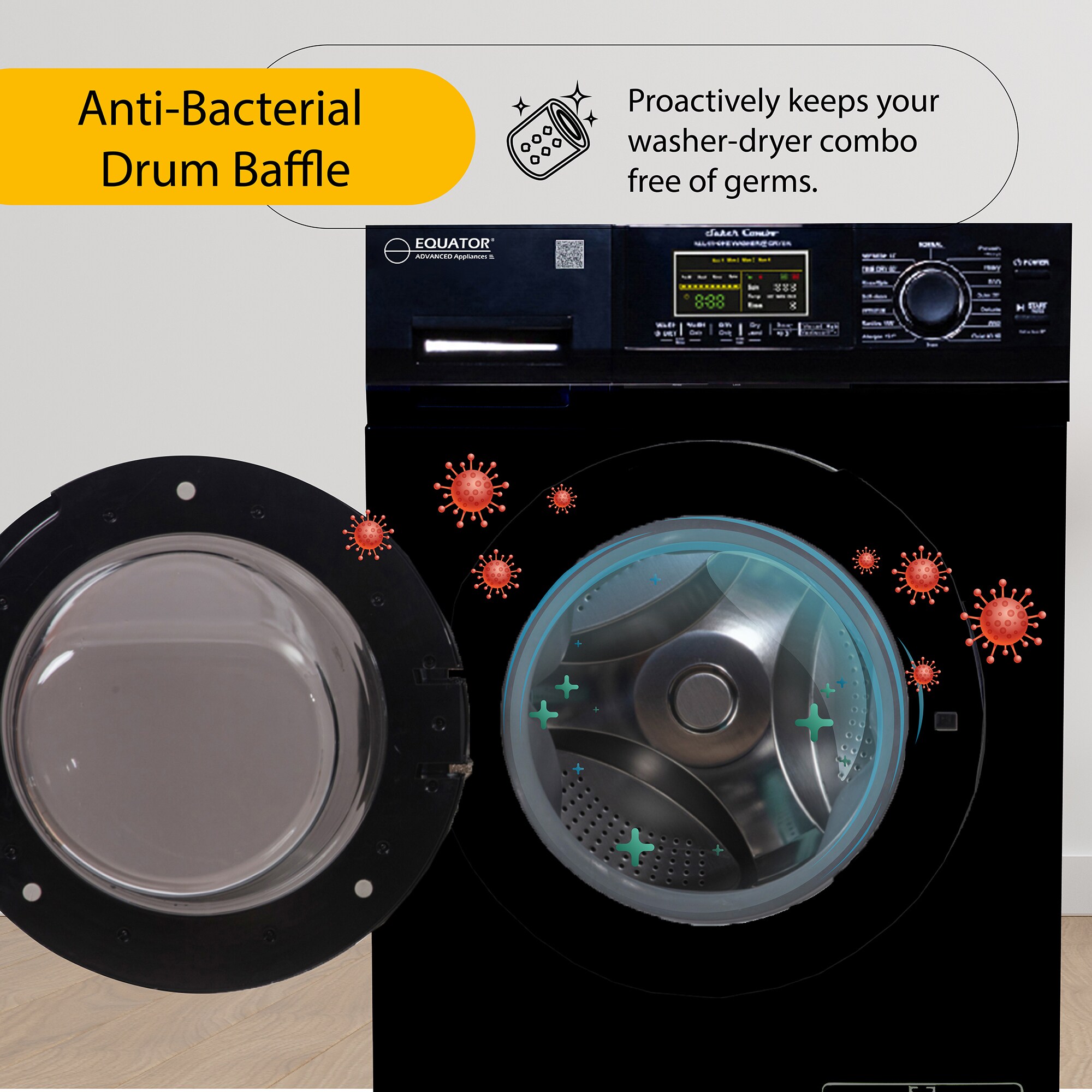 Combo de Lavadora Secadora Todo en Uno Ventilado Negro de Capacidad Compacta de 1.62 pies cúbicos Versión Mascotas para Casa Rodante Equator Advanced Appliances EZ 4600 RV
