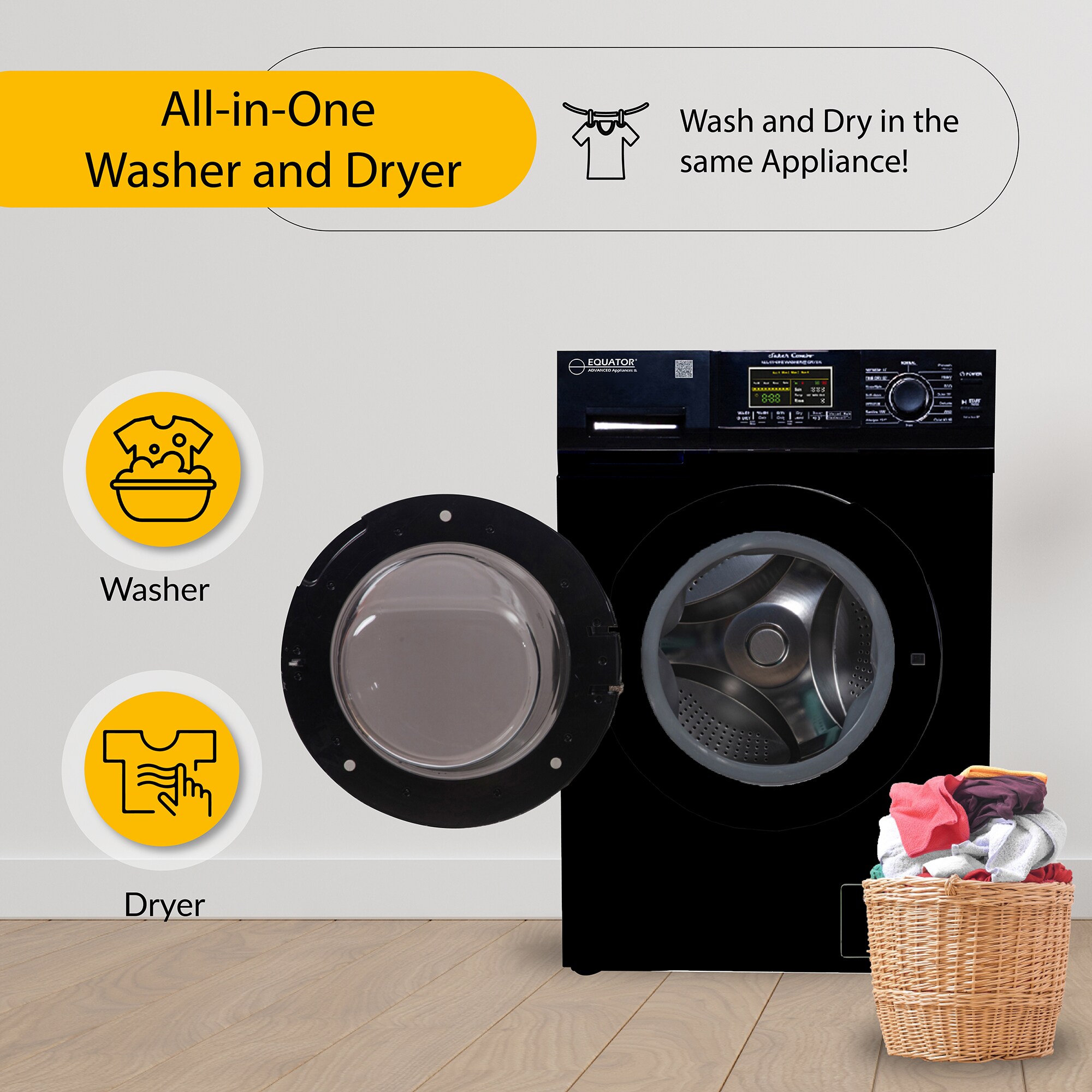 Combo de Lavadora Secadora Todo en Uno Ventilado Negro de Capacidad Compacta de 1.62 pies cúbicos Versión Mascotas para Casa Rodante Equator Advanced Appliances EZ 4600 RV
