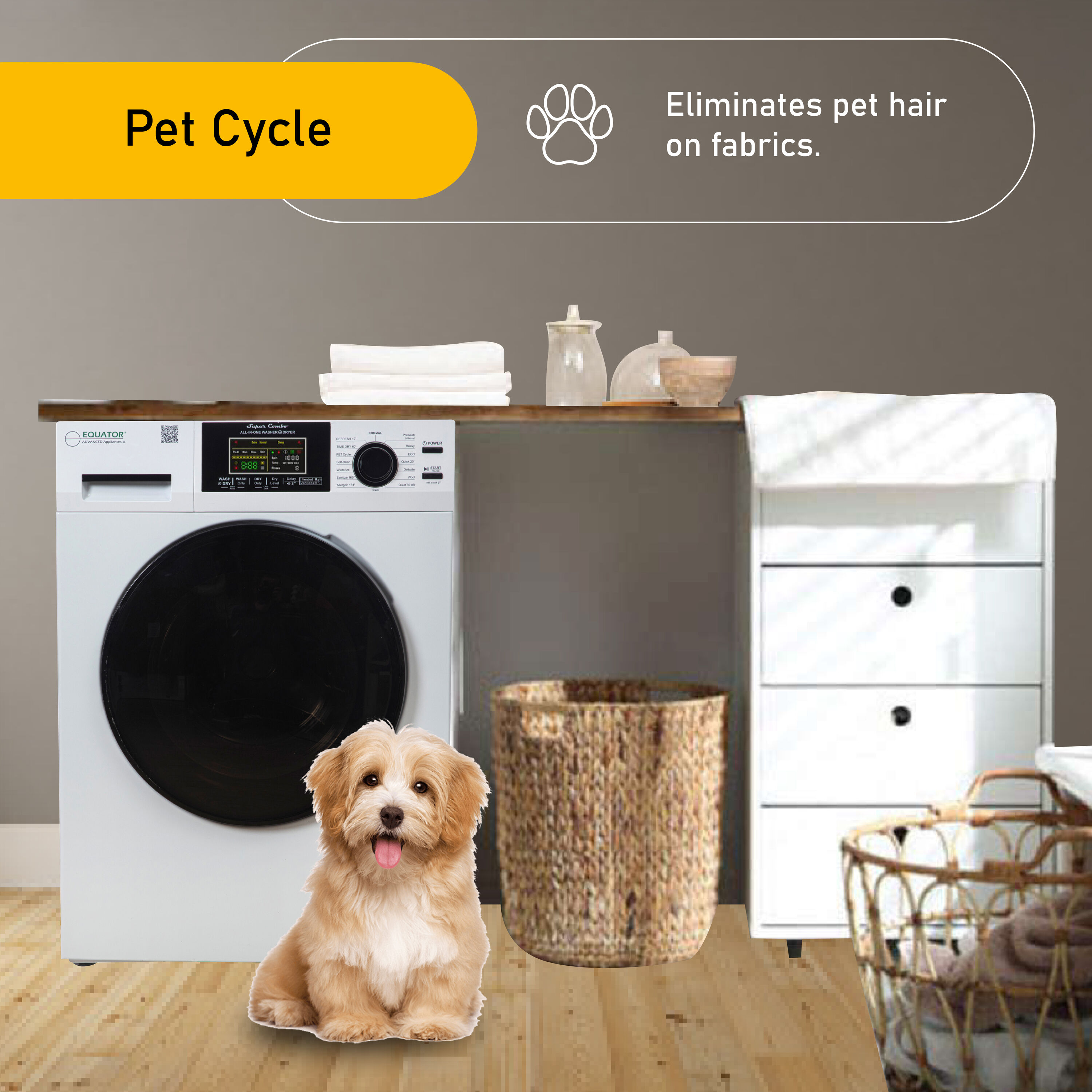 Combo Lavasecadora todo en uno para mascotas de RV de Equator Advanced Appliances, versión compacta con capacidad de 1.62 pies cúbicos en color blanco y ventilación EZ 4600 RV