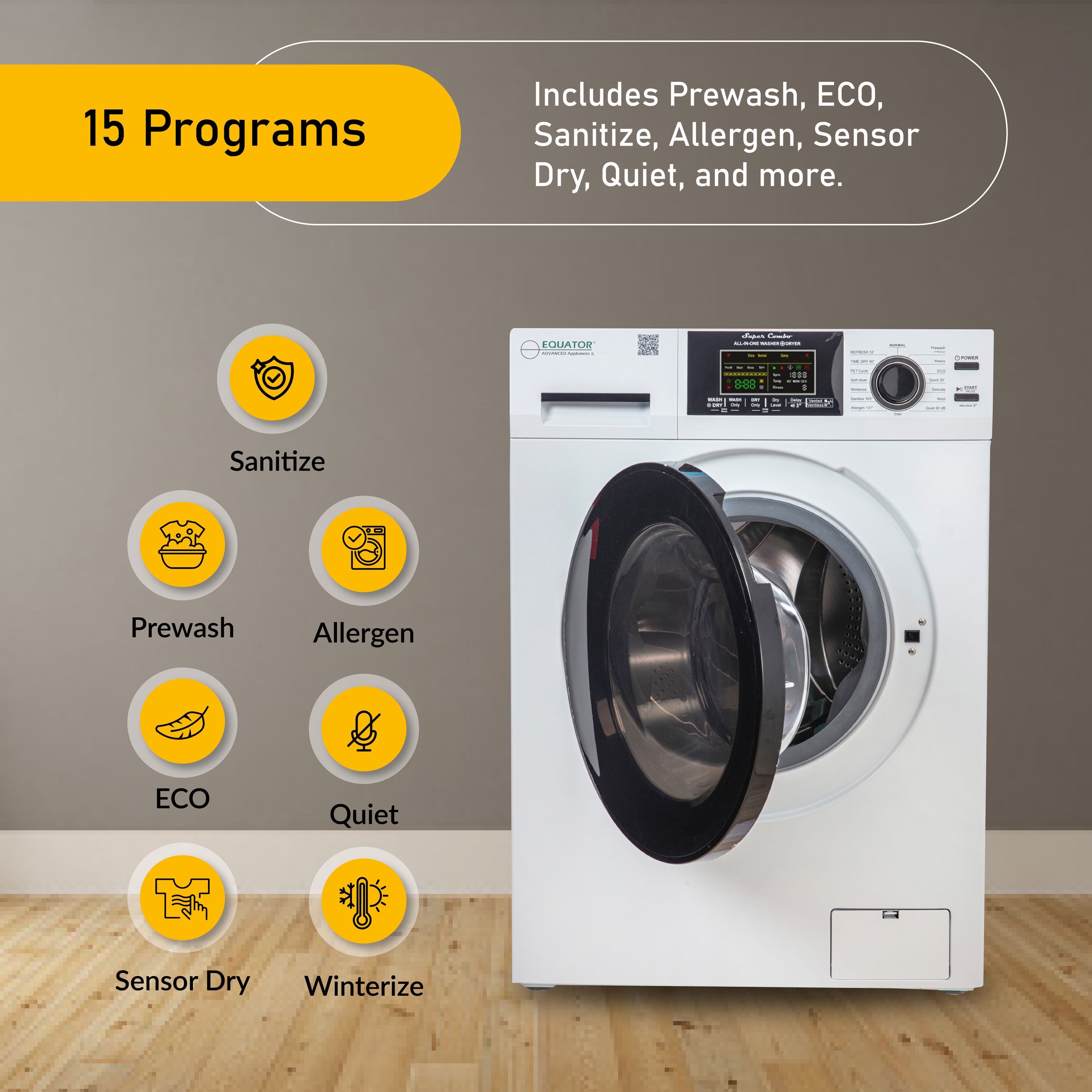 Combo Lavasecadora todo en uno para mascotas de RV de Equator Advanced Appliances, versión compacta con capacidad de 1.62 pies cúbicos en color blanco y ventilación EZ 4600 RV