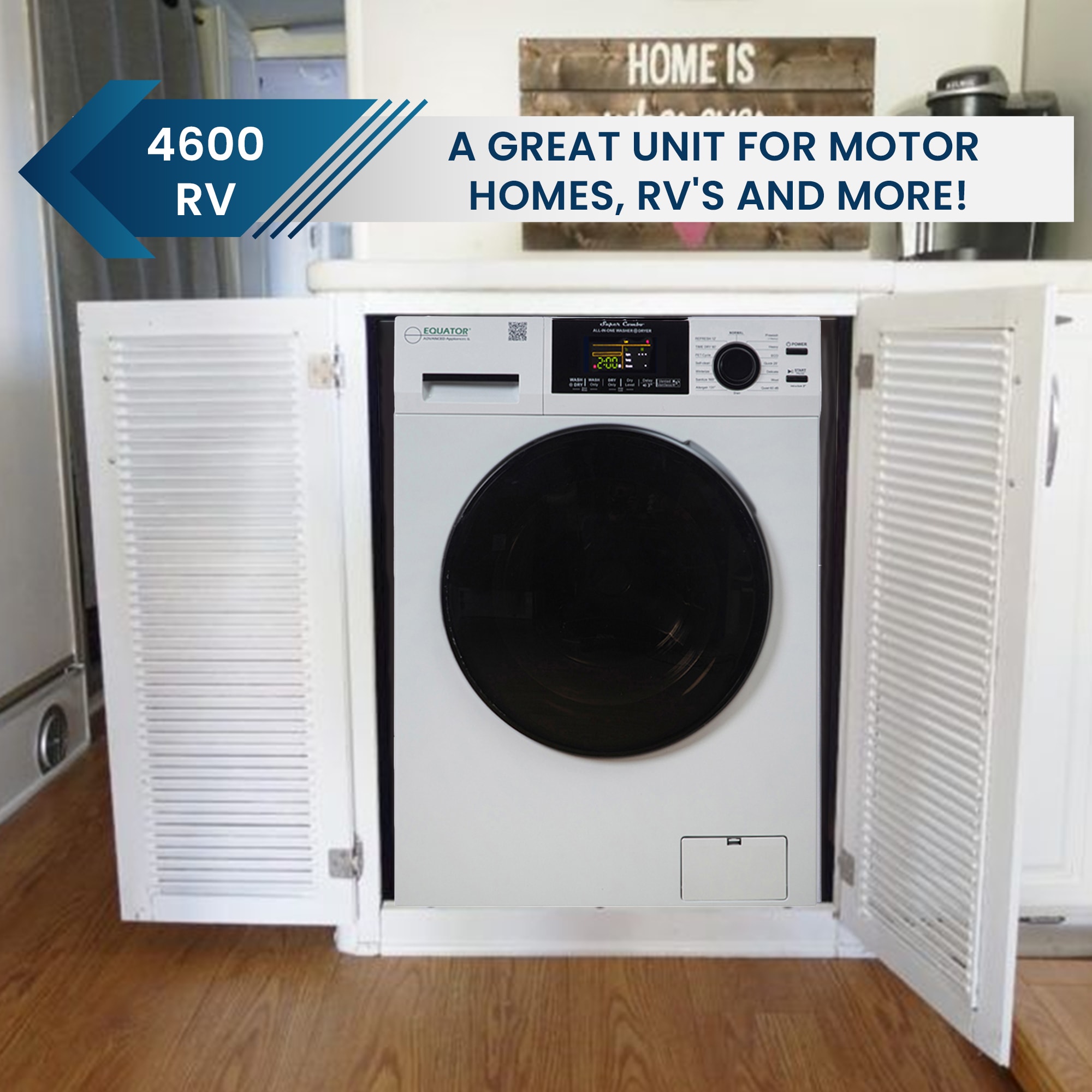 Combo Lavasecadora todo en uno para mascotas de RV de Equator Advanced Appliances, versión compacta con capacidad de 1.62 pies cúbicos en color blanco y ventilación EZ 4600 RV