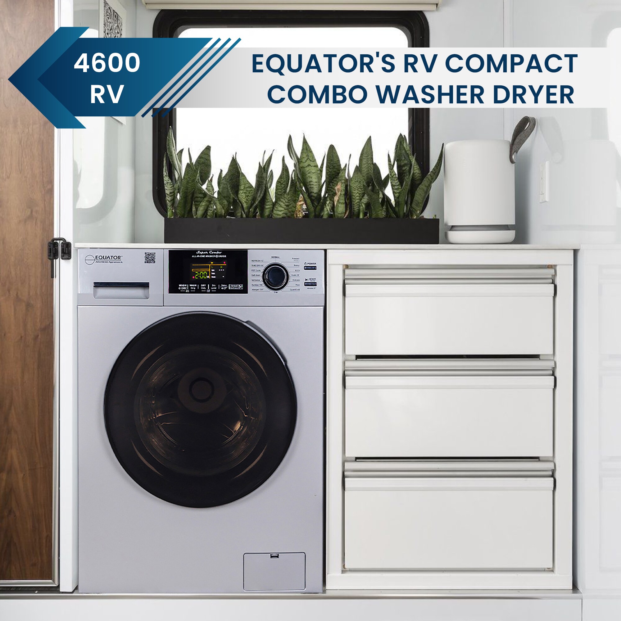 Combo Lavadora Secadora Todo en Uno para Mascotas en RV de Capacidad Compacta de 1.62 pies cúbicos en Plata con Ventilación Equator Advanced Appliances EZ 4600 RV