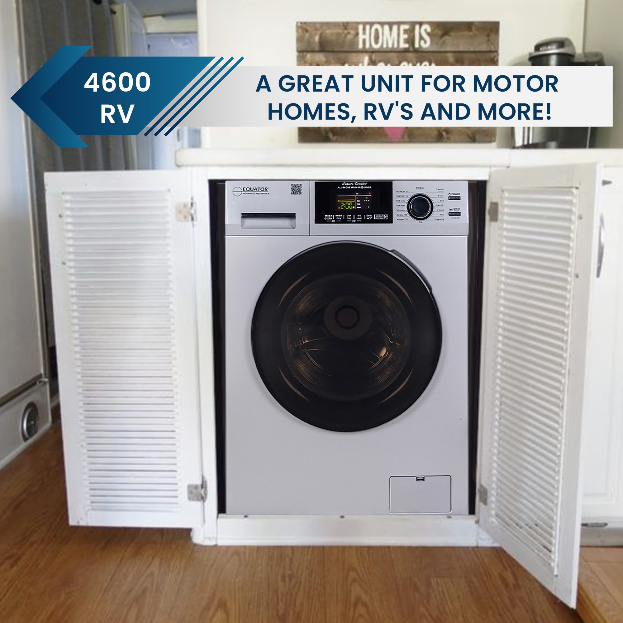Combo Lavadora Secadora Todo en Uno para Mascotas en RV de Capacidad Compacta de 1.62 pies cúbicos en Plata con Ventilación Equator Advanced Appliances EZ 4600 RV