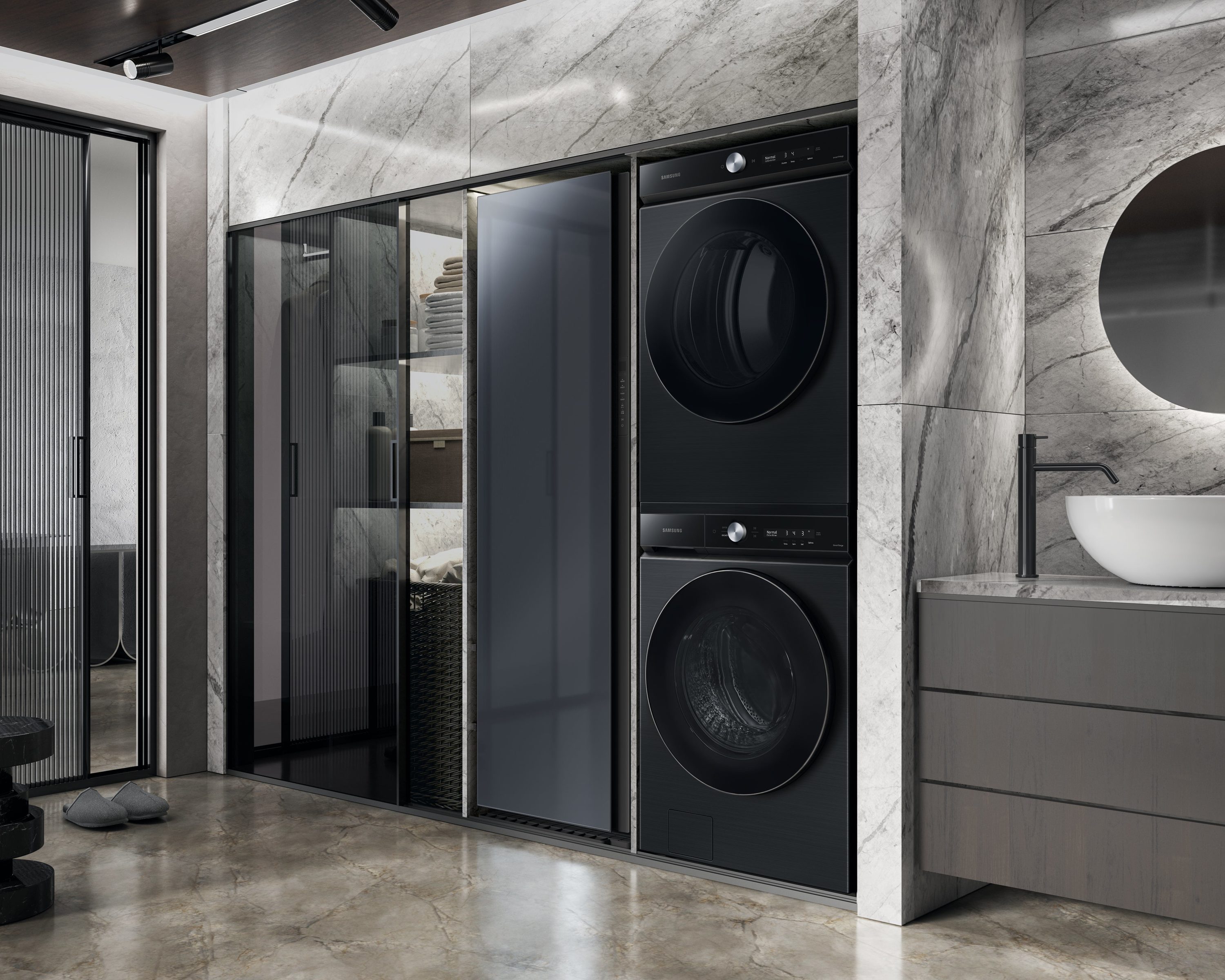 Secadora eléctrica apilable Samsung de 7.6 pies cúbicos con ciclo de vapor y ventilación (Negro Mate) Certificada por Energy Star DVE53BB8700V