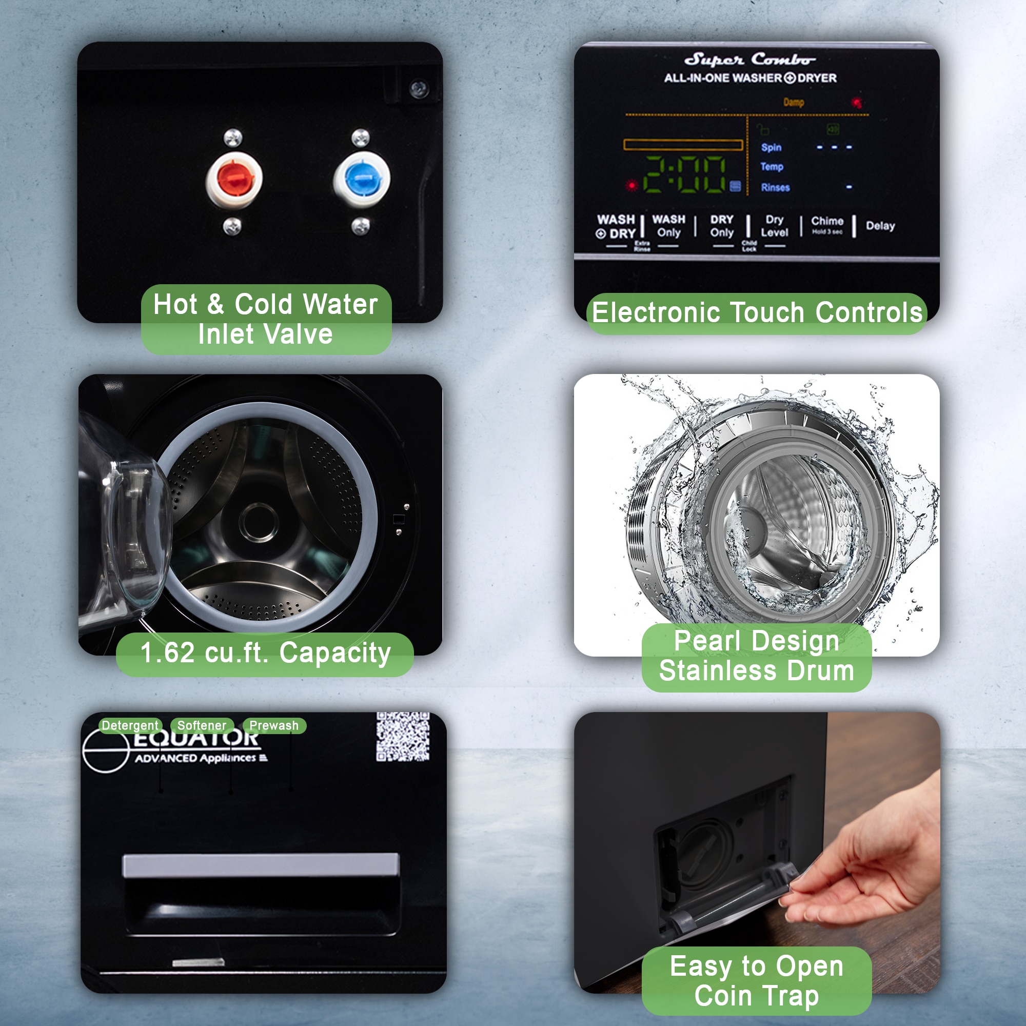 Combo de lavadora y secadora todo en uno, sin ventilación, negro, con capacidad de 1.6 pies cúbicos, para empotrar o de pie. EZ 4700 C NEGRO de Equator Advanced Appliances.