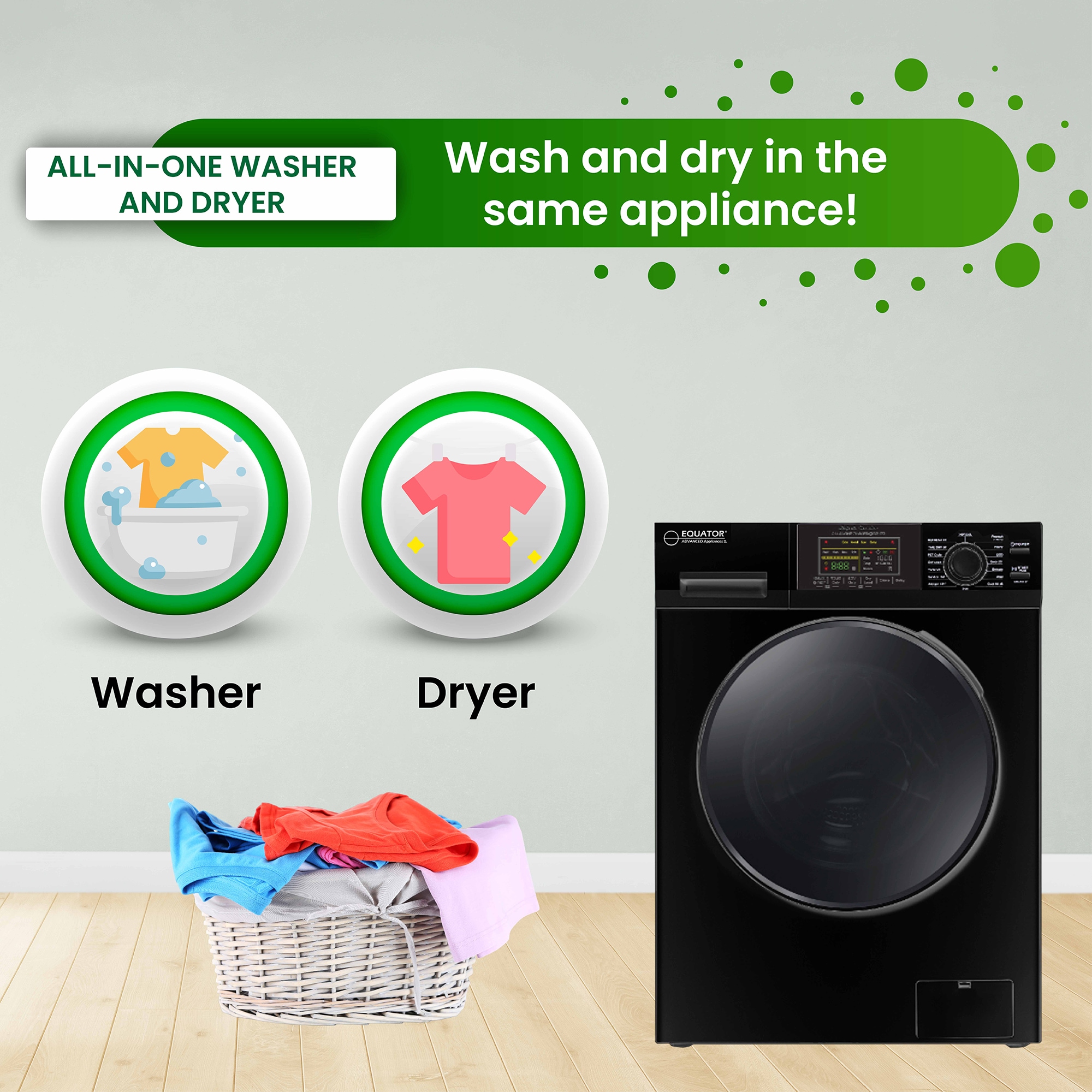 Combo de lavadora y secadora todo en uno, sin ventilación, negro, con capacidad de 1.6 pies cúbicos, para empotrar o de pie. EZ 4700 C NEGRO de Equator Advanced Appliances.