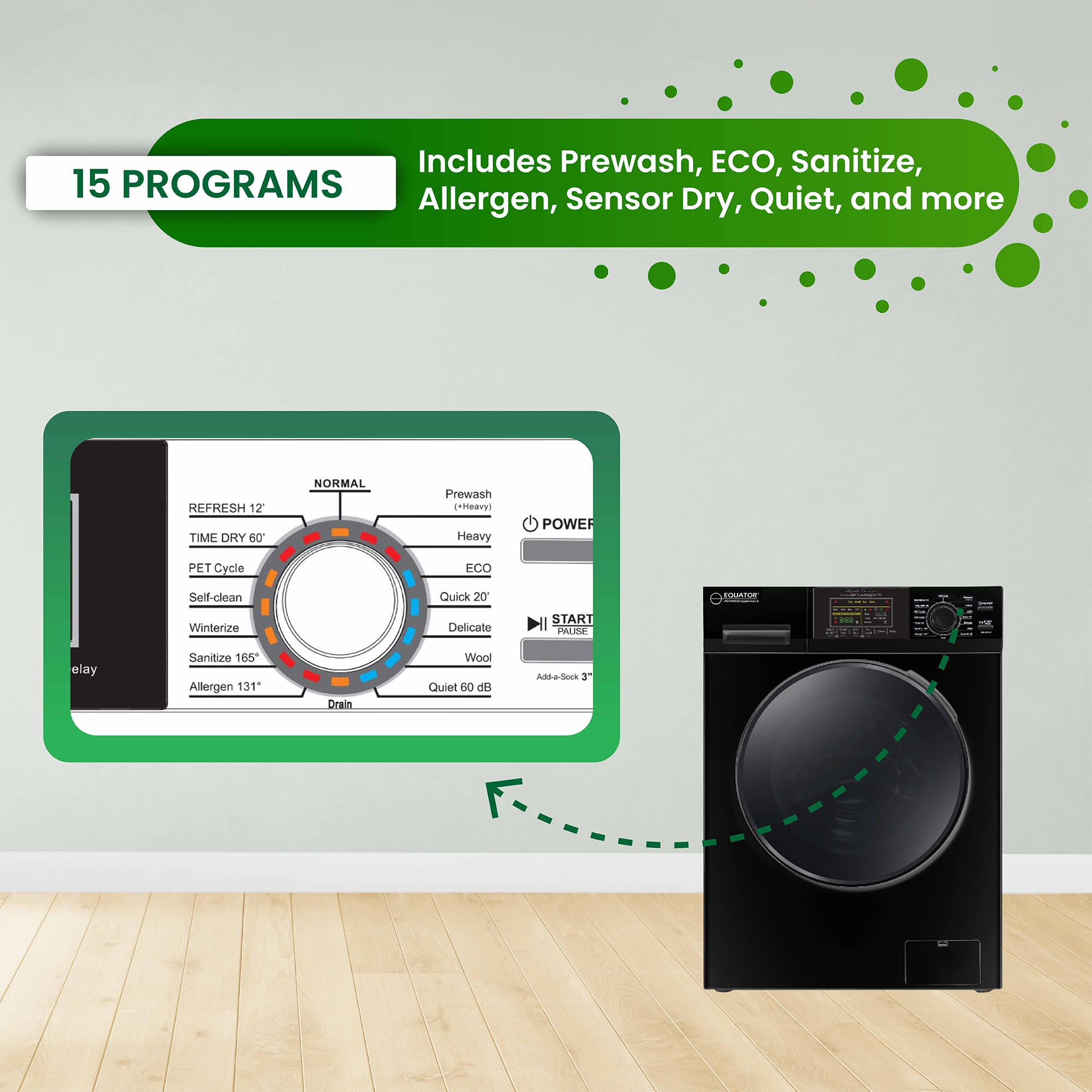 Combo de lavadora y secadora todo en uno, sin ventilación, negro, con capacidad de 1.6 pies cúbicos, para empotrar o de pie. EZ 4700 C NEGRO de Equator Advanced Appliances.