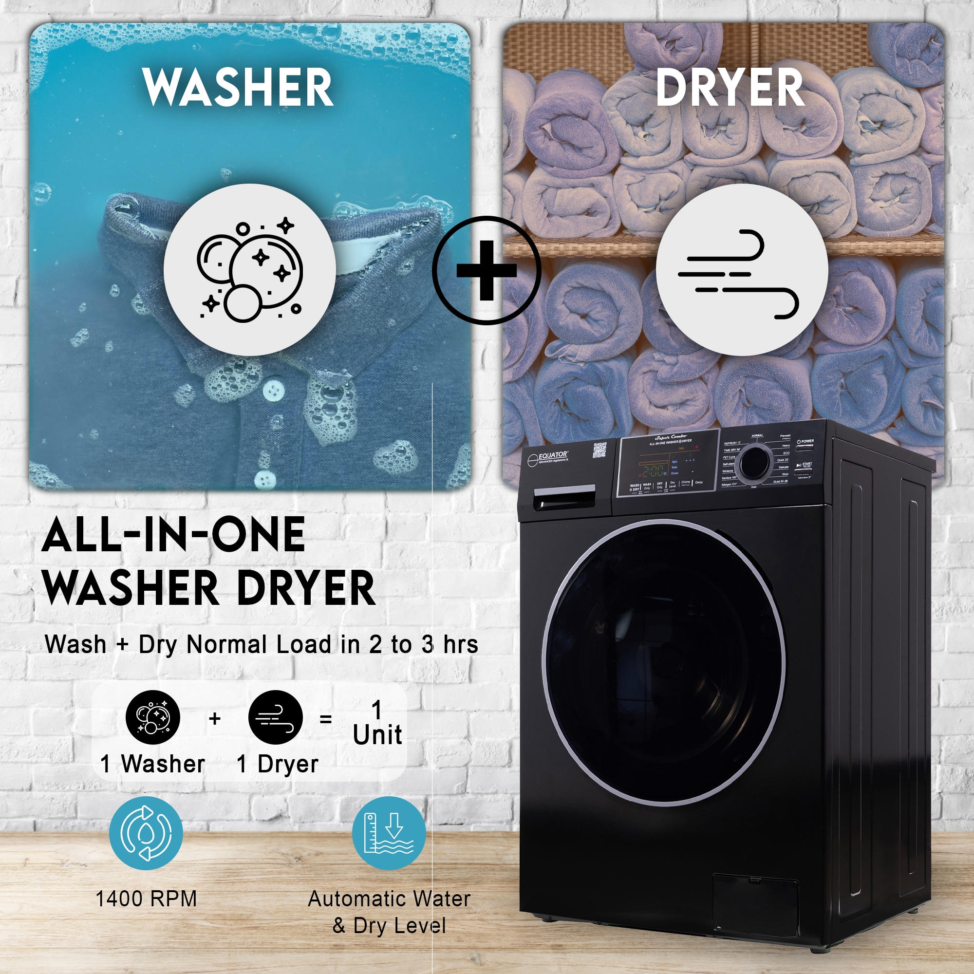 Combo de lavadora y secadora todo en uno, sin ventilación, negro, con capacidad de 1.6 pies cúbicos, para empotrar o de pie. EZ 4700 C NEGRO de Equator Advanced Appliances.