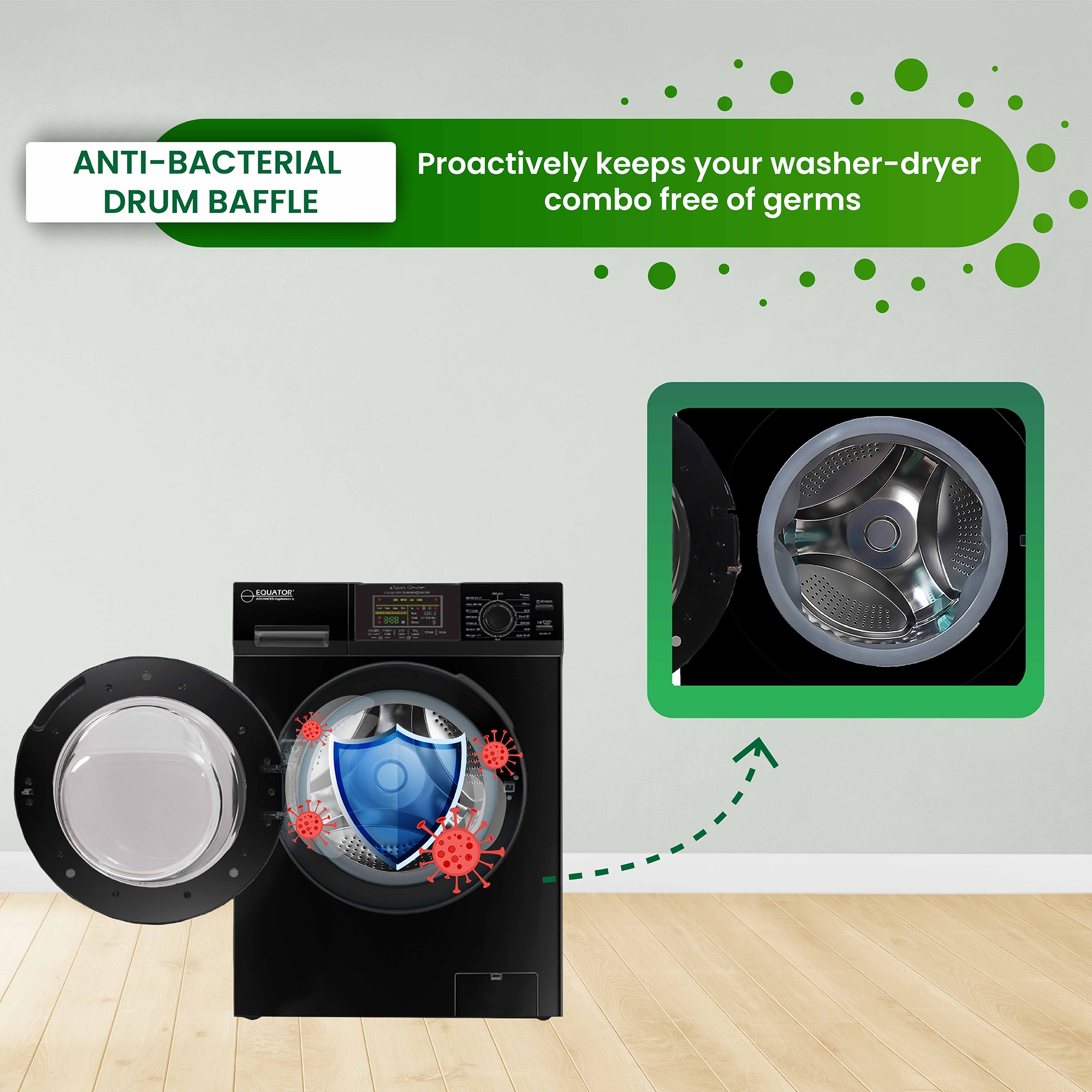 Combo de lavadora y secadora todo en uno, sin ventilación, negro, con capacidad de 1.6 pies cúbicos, para empotrar o de pie. EZ 4700 C NEGRO de Equator Advanced Appliances.